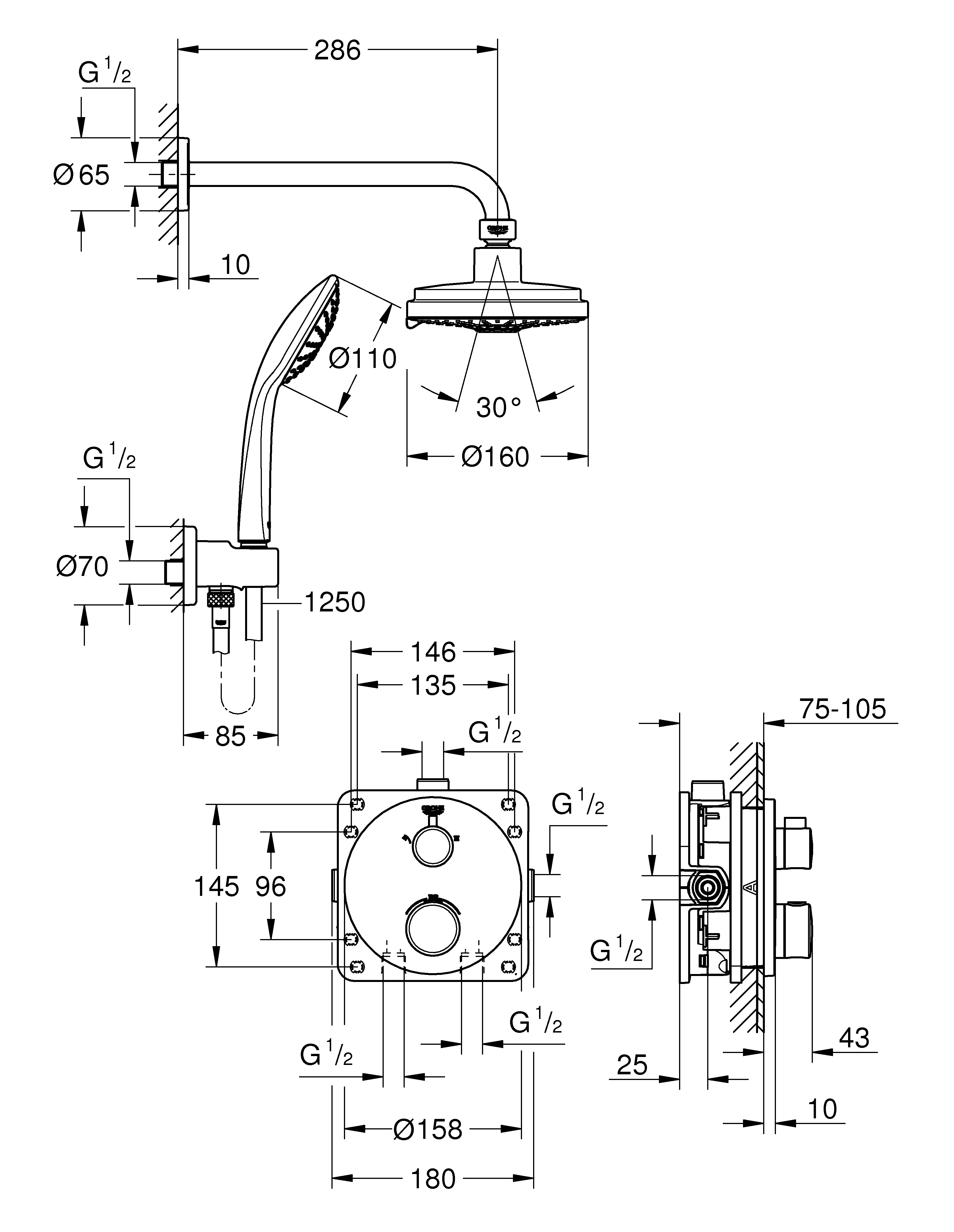 Duschsystem Unterputz Grohtherm 34735, mit Grohtherm Thermostat mit integrierter 2-Wege-Umstellung, Rainshower Cosmopolitan 160 Kopfbrause, runde Rosette, chrom