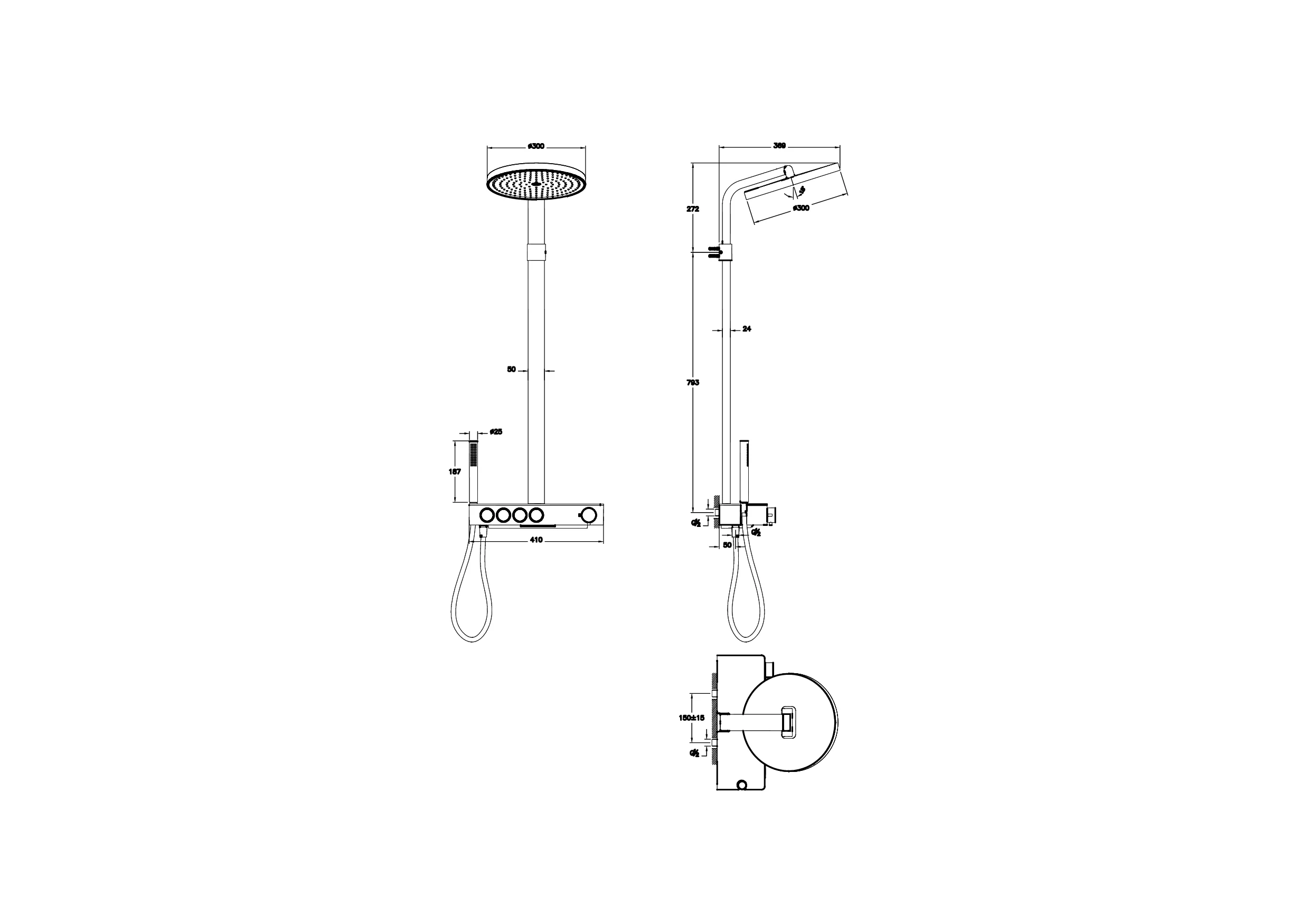 Prime Round Thermostat-Duschsystem mit Kopf-, Handbrause und Wanneneinlauf Wandmontage Chrom