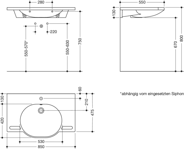 HEWI Waschtisch PG87, Mineralguss, alpinweiß, Breite 850mm, Tiefe 550mm HEWI Waschtisch PG87, Mineralguss, alpinweiß, Breite 850mm, Tiefe 550mm