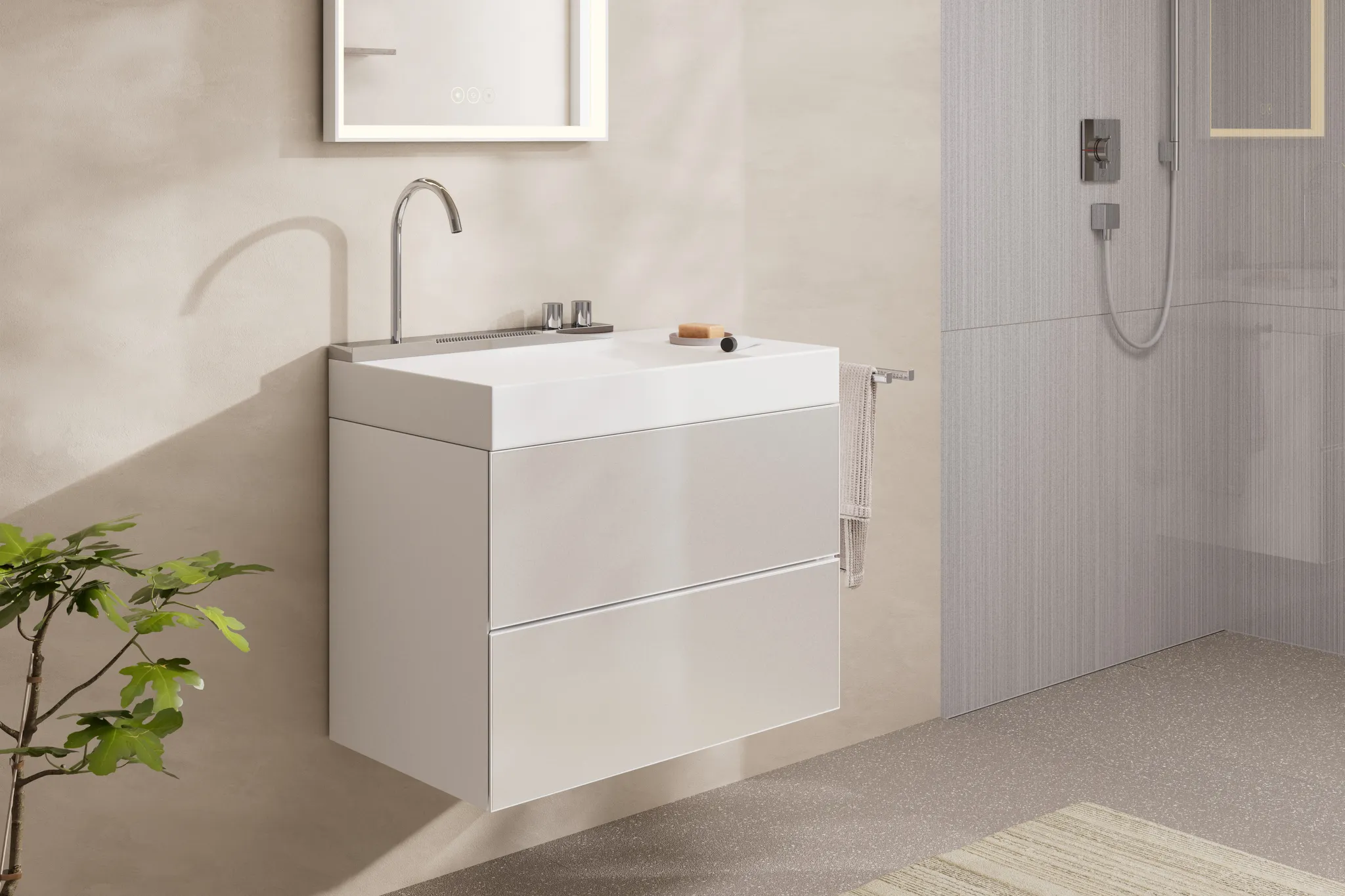 Xevolos E Waschtischunterschrank Mattweiß 780/475 mit 2 Schubkästen für Waschtisch Weiß Metallic