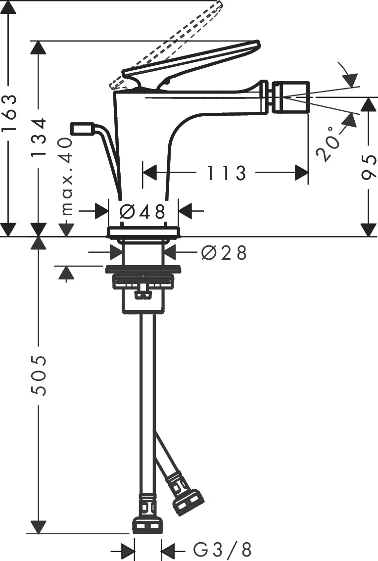 Hansgrohe AXOR Citterio C Bidetmischer, Einhebel-Bidetsystem mit Zugstangen-Ablaufgarnitur Cubic cut in Chrom, Ausladung 113 mm, Auslaufhöhe 95 mm, Laminarstrahl, max. Durchfluss 7,5 l/min bei 3 bar, Keramikmischsystem, für Durchlauferhitzer geeignet