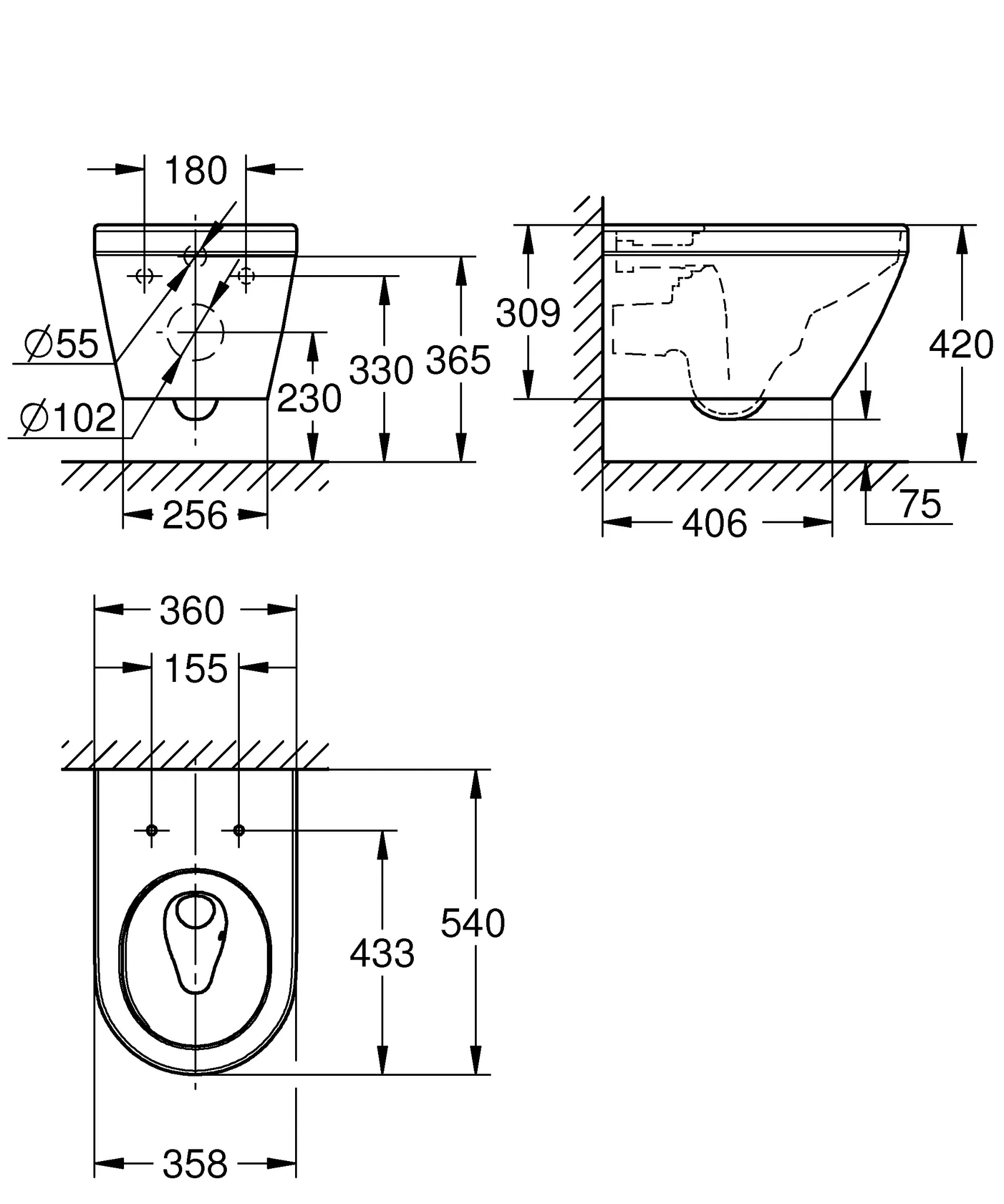 Grohe Wand-Tiefspül-WC Euro Keramik 102485, Unterputz-Spülkasten, Abgang waagerecht, alpinweiß