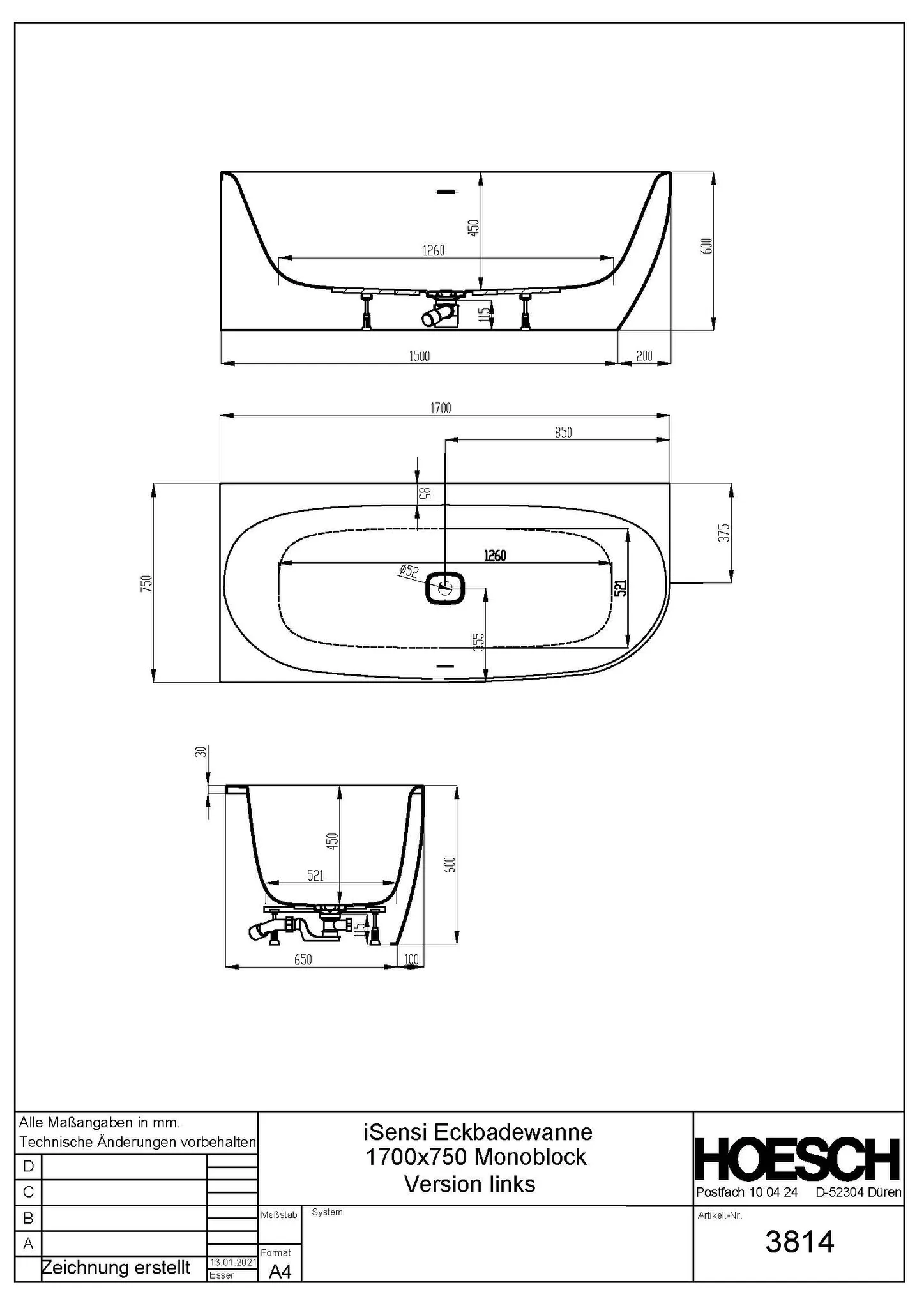 Hoesch iSensi Eck 1700x750 Monolith links mit Überlaufschlitz, mit angeformte Schürze Hoesch iSensi Eck 1700x750 Monolith links mit Überlaufschlitz, mit angeformte Schürze