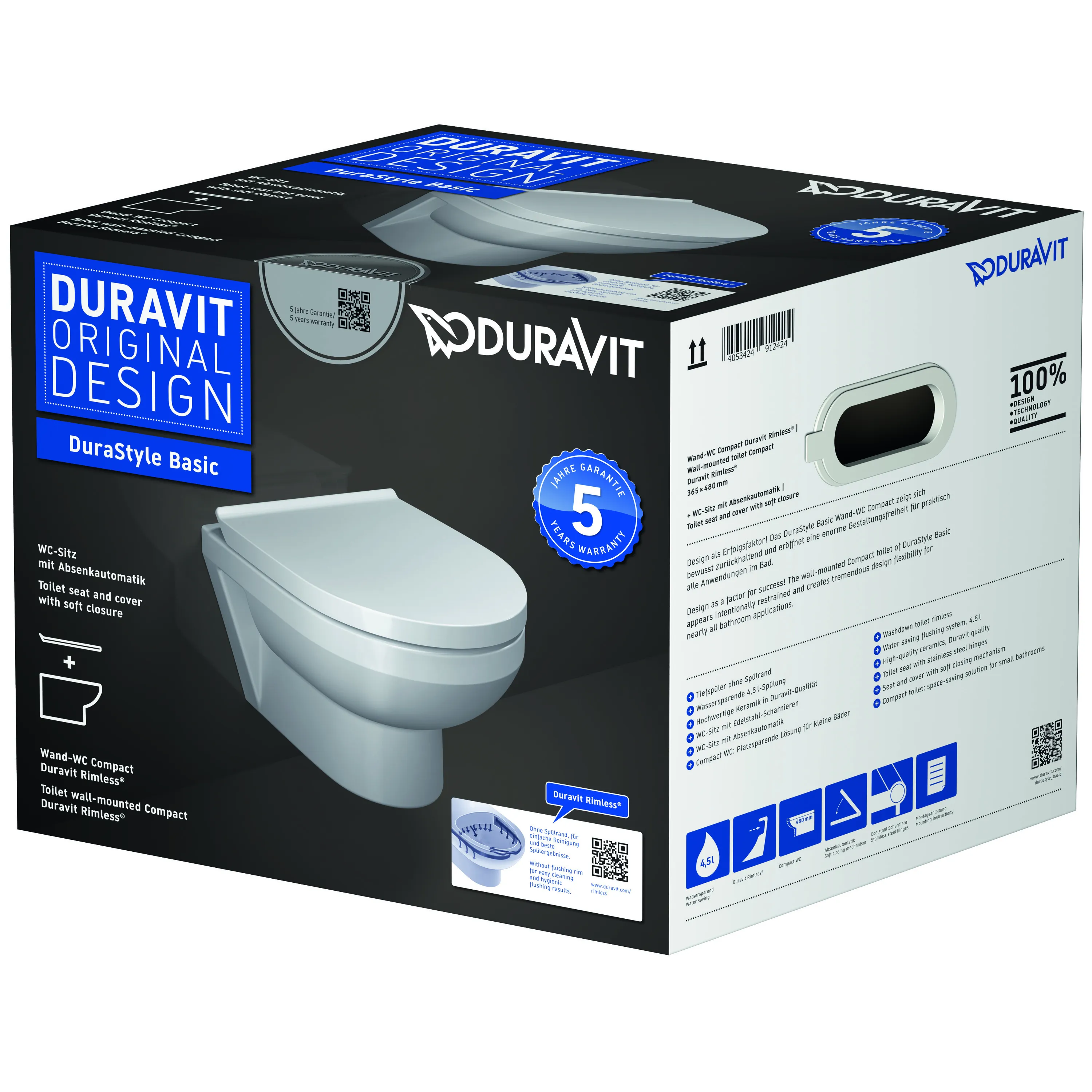 Duravit Wand-Tiefspül-WC Compact inkl. WC-Sitz „No.1“ 36,5 × 48 × 40 cm, Befestigung sichtbar, ohne Spülrand