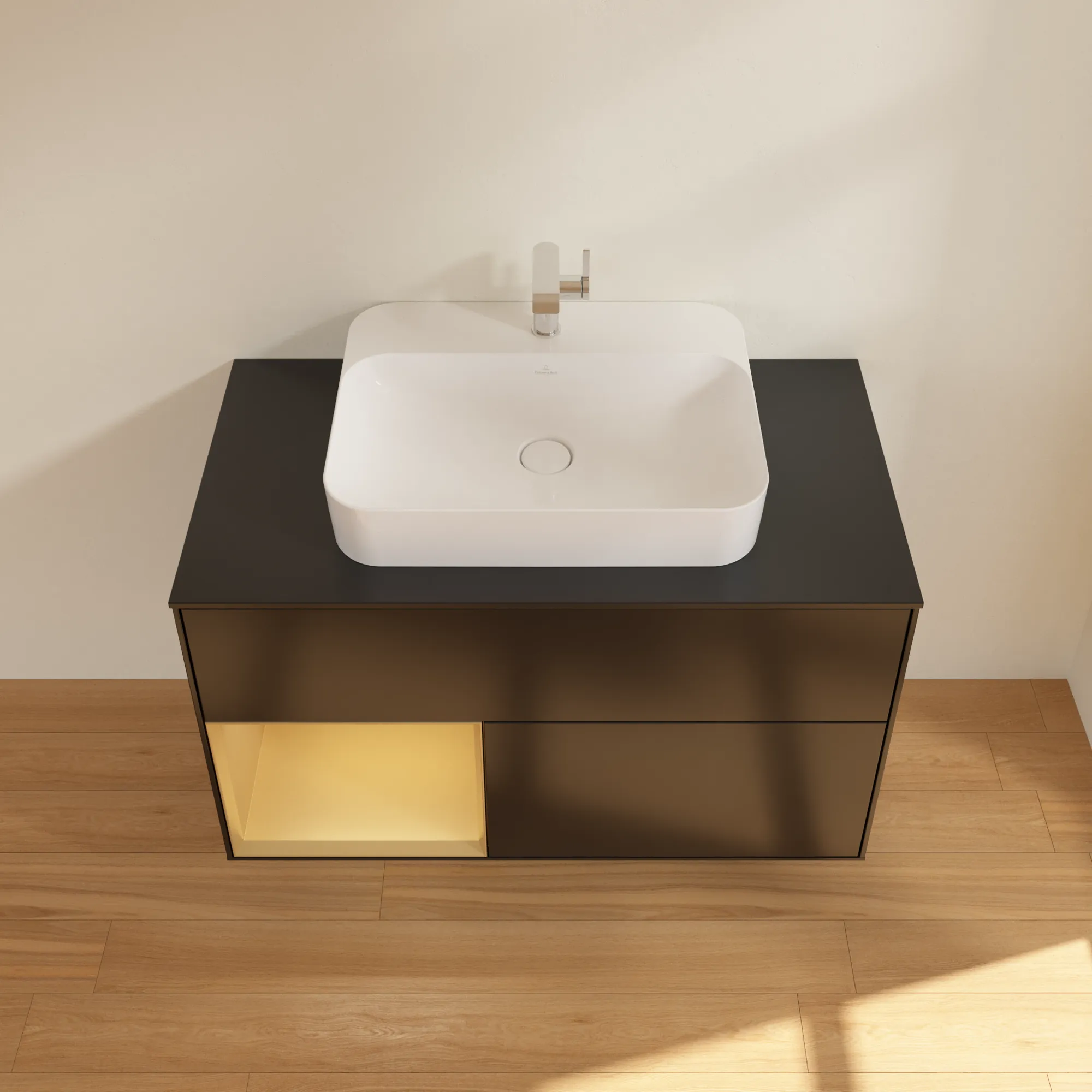 Villeroy & Boch Waschbeckenunterschrank Finion F36, 1000x603x501 mm, Black Matt Lacquer mit Gold Akzenten, mit Beleuchtung und SoftClosing Villeroy & Boch Waschbeckenunterschrank Finion F36, 1000x603x501 mm, Black Matt Lacquer mit Gold Akzenten, mit Beleuchtung und SoftClosing