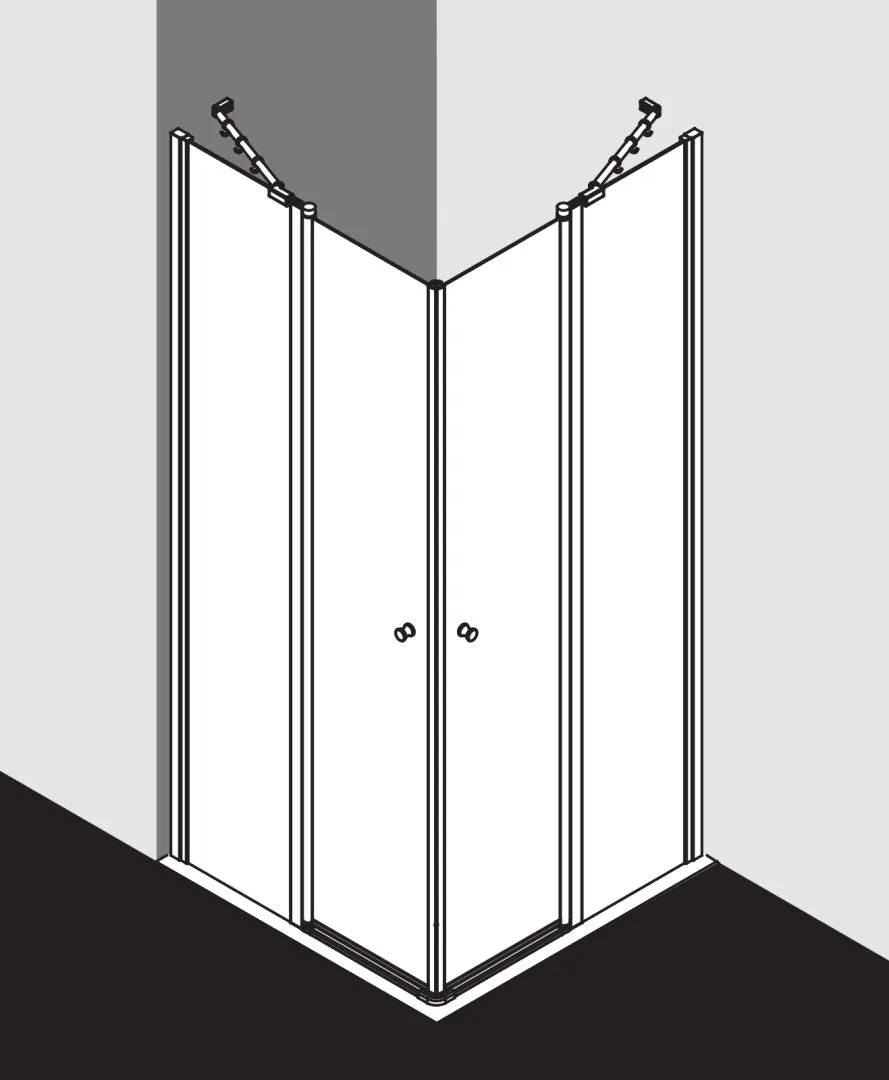 Kermi Duschtür Eckeinstieg 2-teilig (Pendeltüren mit Festfeldern) Halbteil links „IBIZA 2000“ 200 cm Glas SR Opaco, Profile Silber Mattglanz, Anschlag links, Drehtür zweiteilig