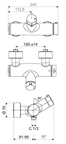 Aufputz-Duscharmatur VITUS VD-Auf/Zu-T / u, Mischwasser, Thermostat, Auf/Zu-Aufputz-Duscharmatur, 2 RFV, 2x DN 15 G 1/2 AG, DN 15 G 1/2 AG (unten), chrom