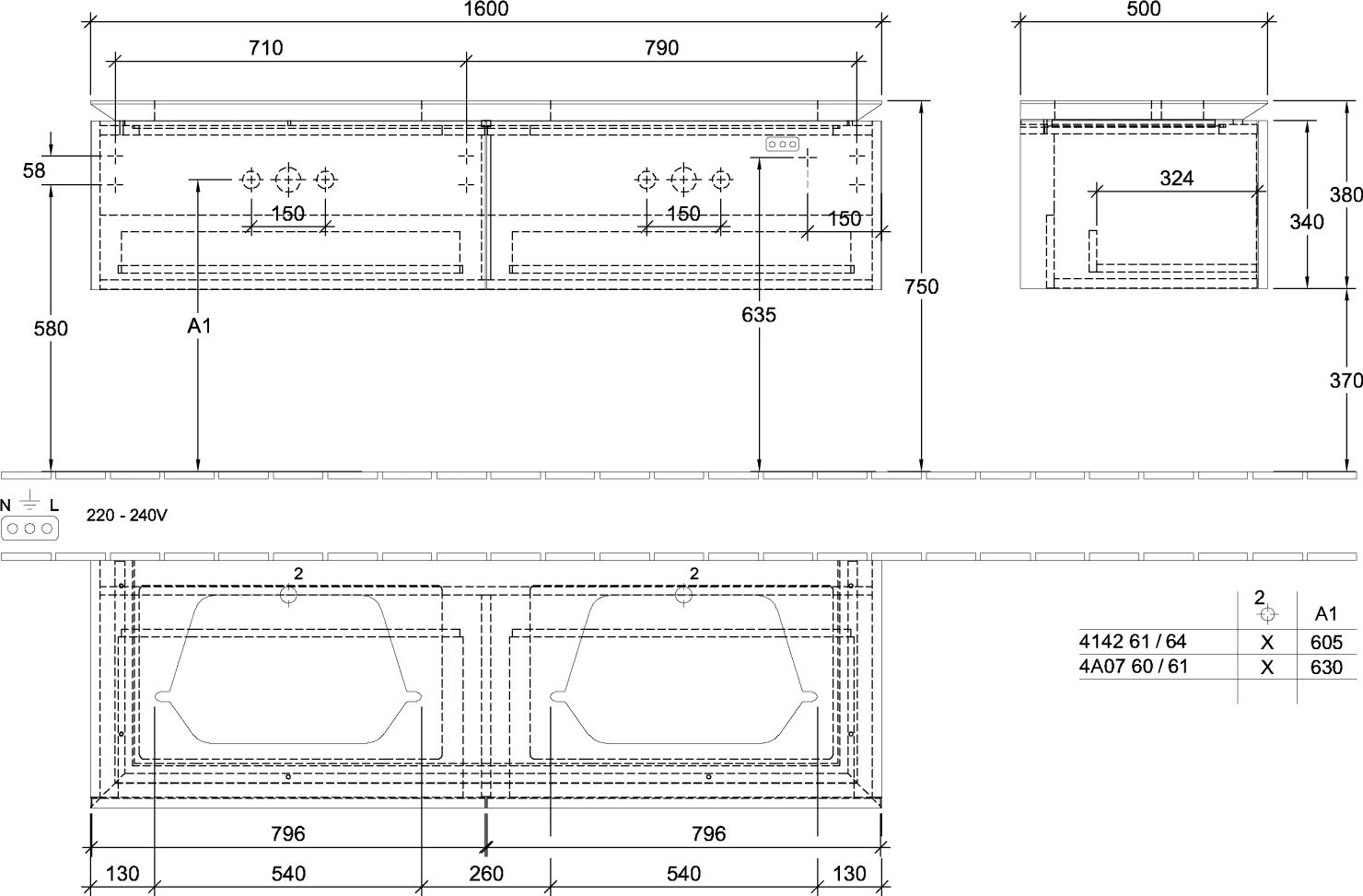 Villeroy & Boch Waschtischunterschrank „Legato“ für Schrankwaschtisch 160 × 38 × 50 cm links und rechts