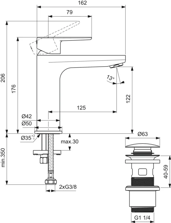 Waschtischarmatur Cerafine O H120 mit Push-Open Ausladung 125mm Rose