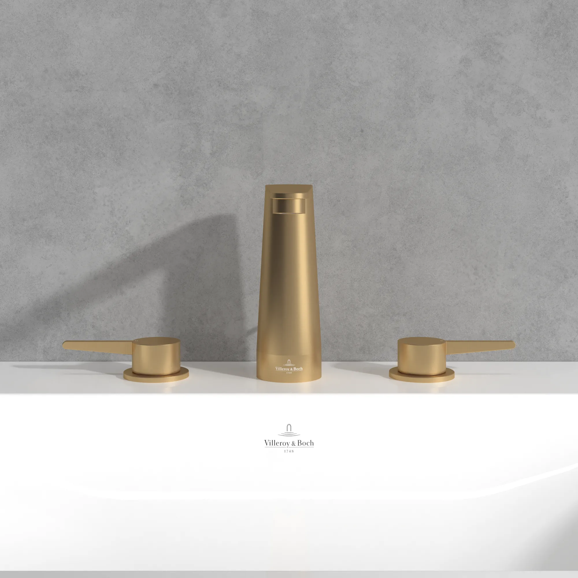 Villeroy & Boch Conum Dreiloch-Waschtischarmatur, Brushed Gold, 440x165x144mm, Keramikkartusche, Laminarstrahl, SmartPressure