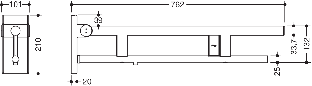 Stützklappgriff Duo, Design A des Systems 900, Edelstahl, PVD, Ausladung 750 mm, mit Spülauslösung (E-Ausführung), Ausführung links, in Farbe CK (messing glänzend)