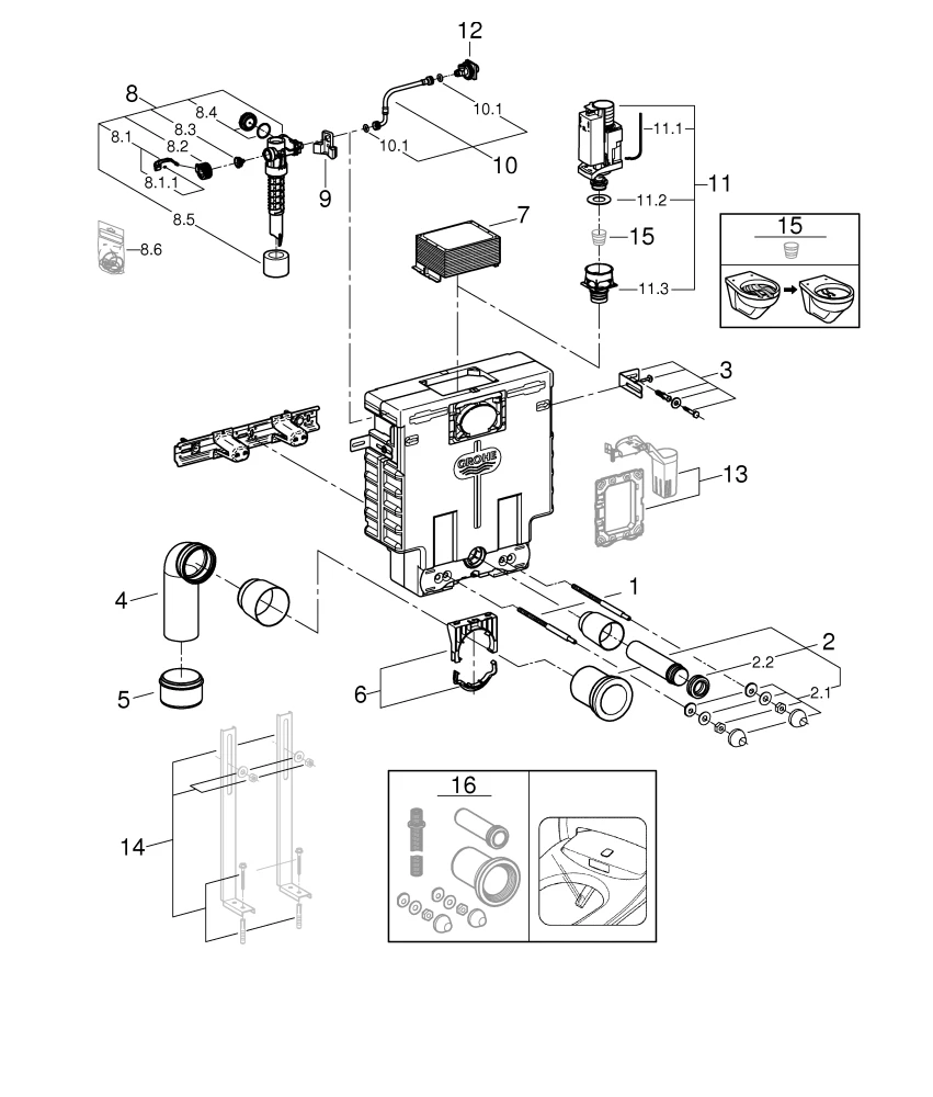 WC-Element Uniset 38415_1, mit Spülkasten 6-9l, 0,82 m Bauhöhe, schalldämmendes EPS-Modul zum Ummauern, Betätigung von vorn oder oben