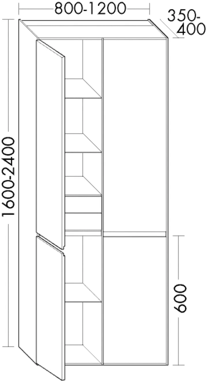 Hochschrank, 4 Türen;2 Korpuselemente;je Element: 2 Innenschubladen inkl. Tip-on, 3 Glaseinlegeböden, 1 fester Boden, Tiefe: 400 mm, Breite: 900 mm, Höhe: 1800 mm