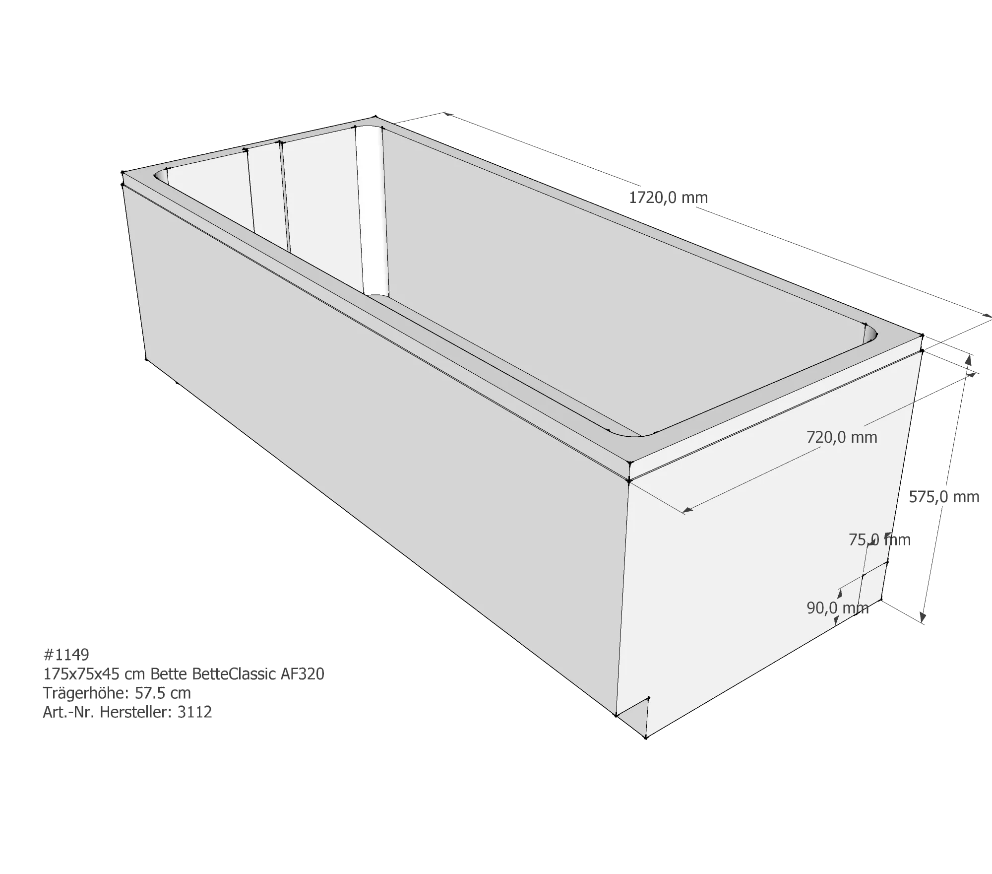 Badewannenträger für Bette Classic 175 × 75 × 45 cm Breite: 75 cm / Länge: 175 cm