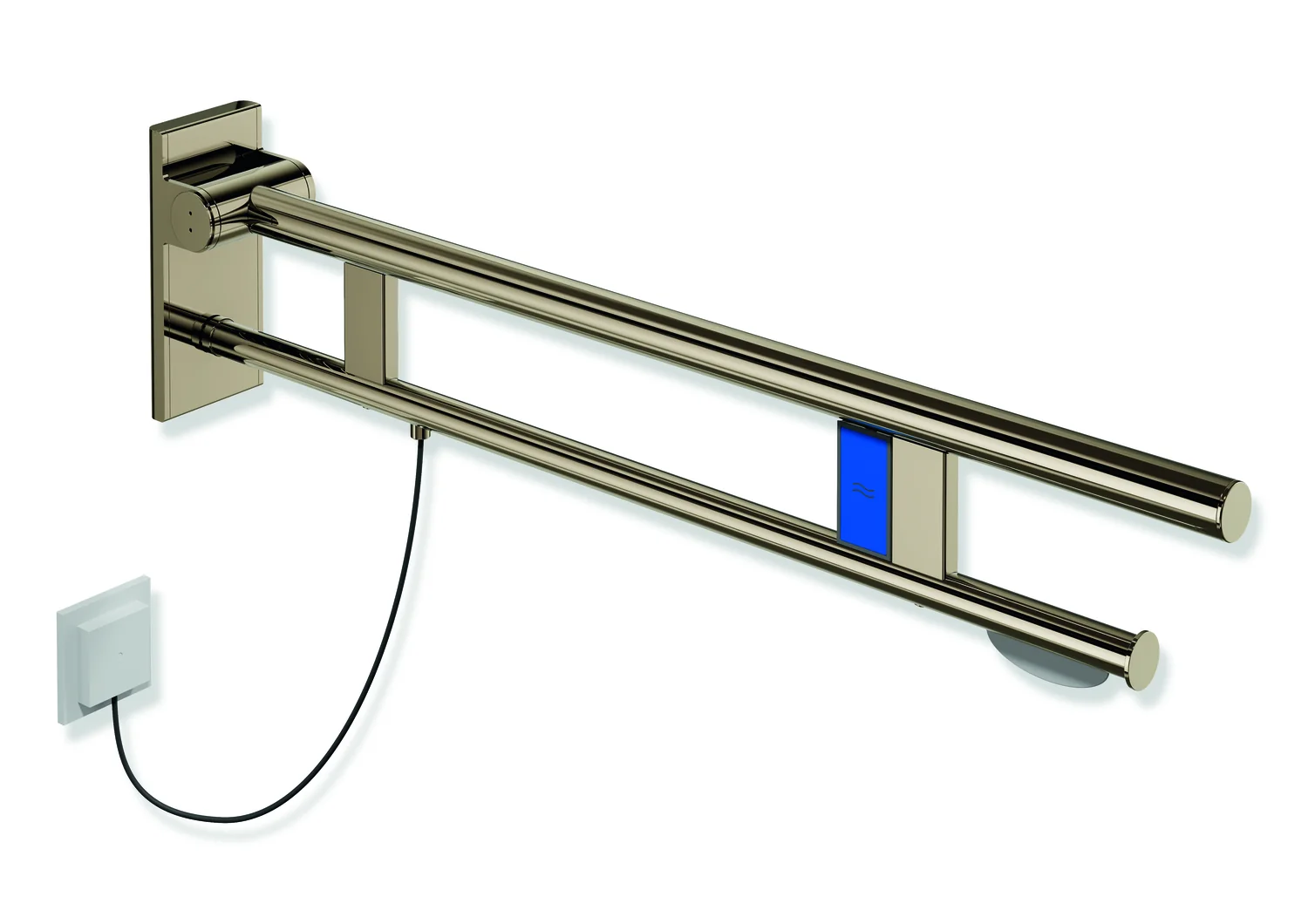 HEWI Stützklappgriff Duo System 900, Design A, Edelstahl PVD bronze glänzend, Ausladung 850 mm, mit WC-Papierhalter und Spülauslösung links