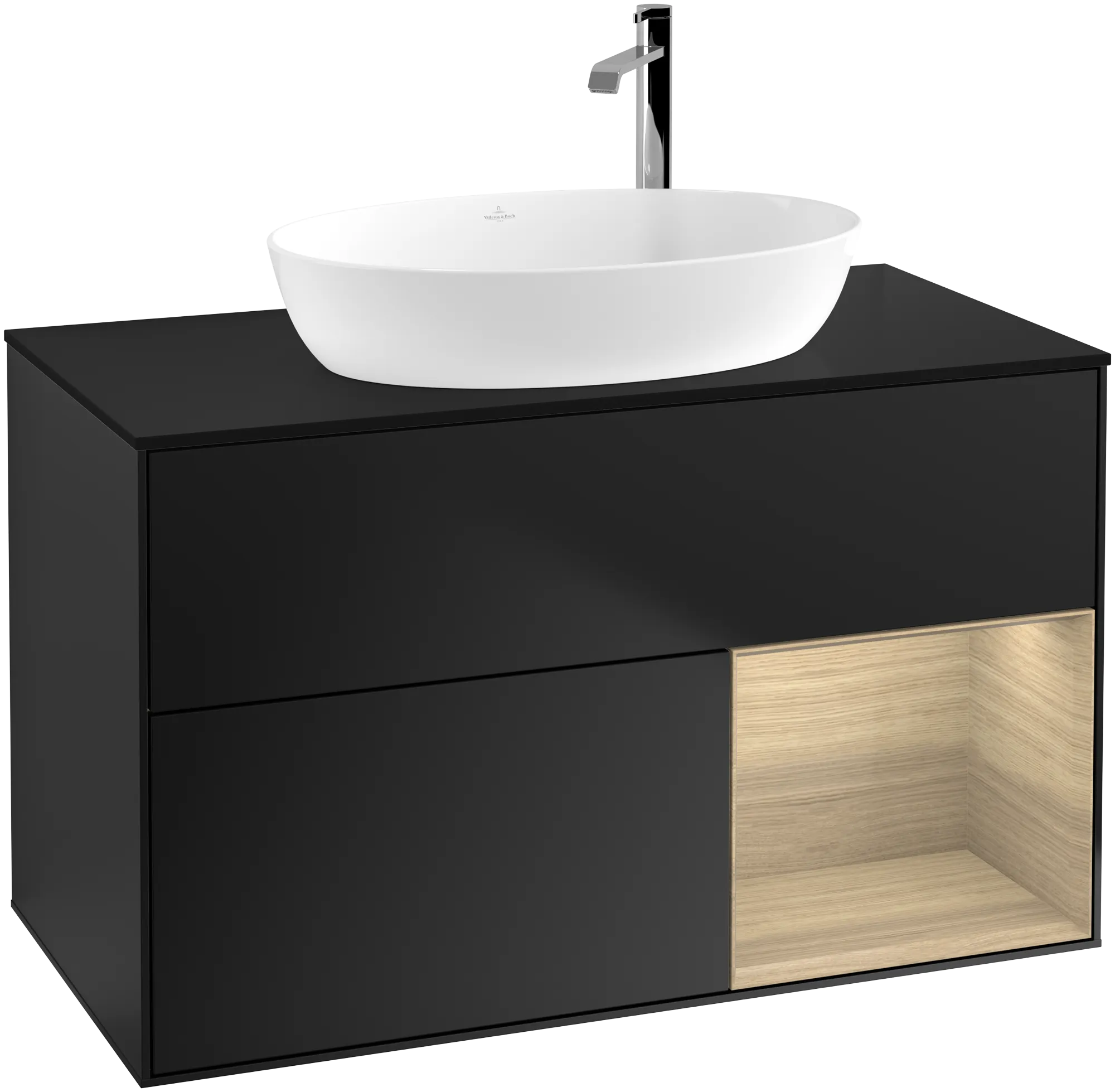 Villeroy & Boch Finion Waschbeckenunterschrank F90, 1000 x 603 x 501 mm, Black Matt Lacquer / Oak Veneer / Glass Black Matt