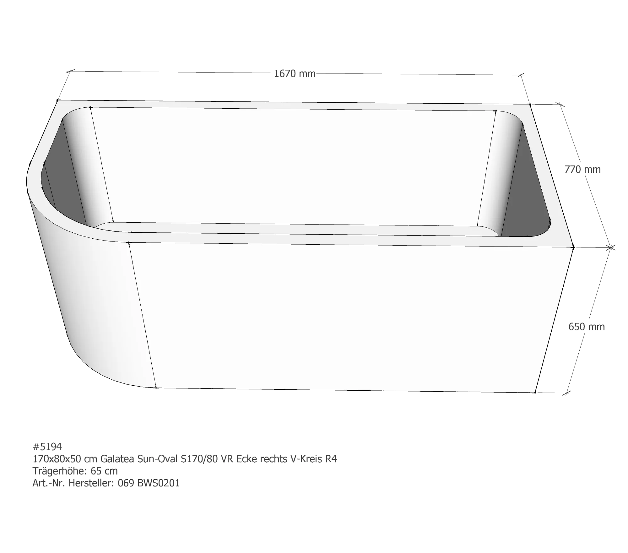 Badewannenträger für Galatea ~Sun S 170/80 VR rechts 170 × 80 × 50 cm