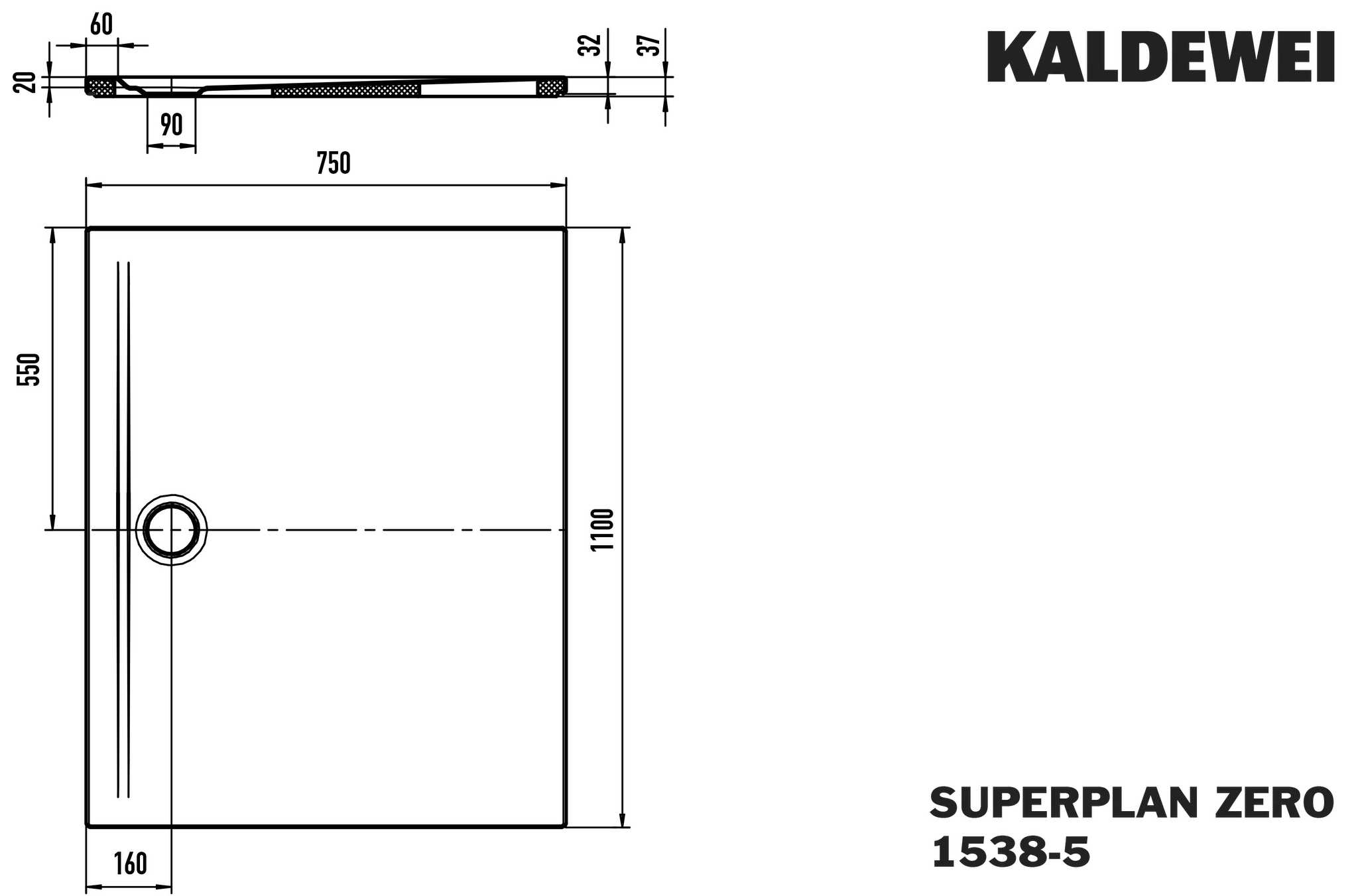 Kaldewei SUPERPLAN ZERO Duschfläche Alpinweiß 800x1100x20 mm bodeneben, seitlicher Ablauf, 3-seitig begehbar