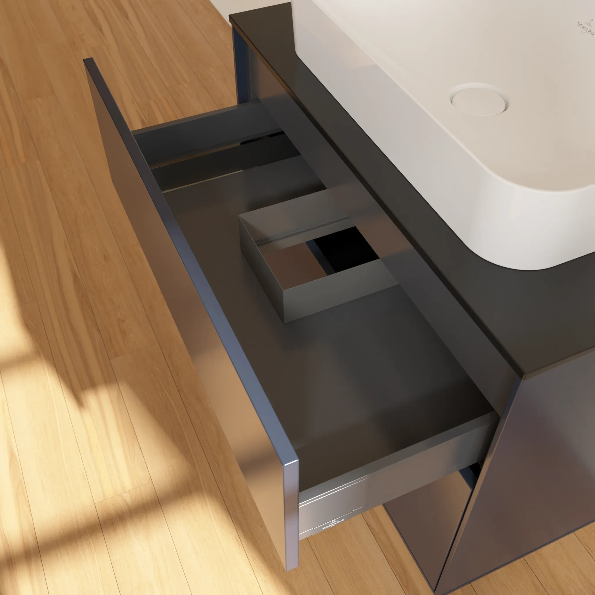 Villeroy & Boch Finion Waschbeckenunterschrank F22, 800 x 603 x 501 mm, Midnight Blue Matt Lacquer / Glass Black Matt Villeroy & Boch Finion Waschbeckenunterschrank F22, 800 x 603 x 501 mm, Midnight Blue Matt Lacquer / Glass Black Matt