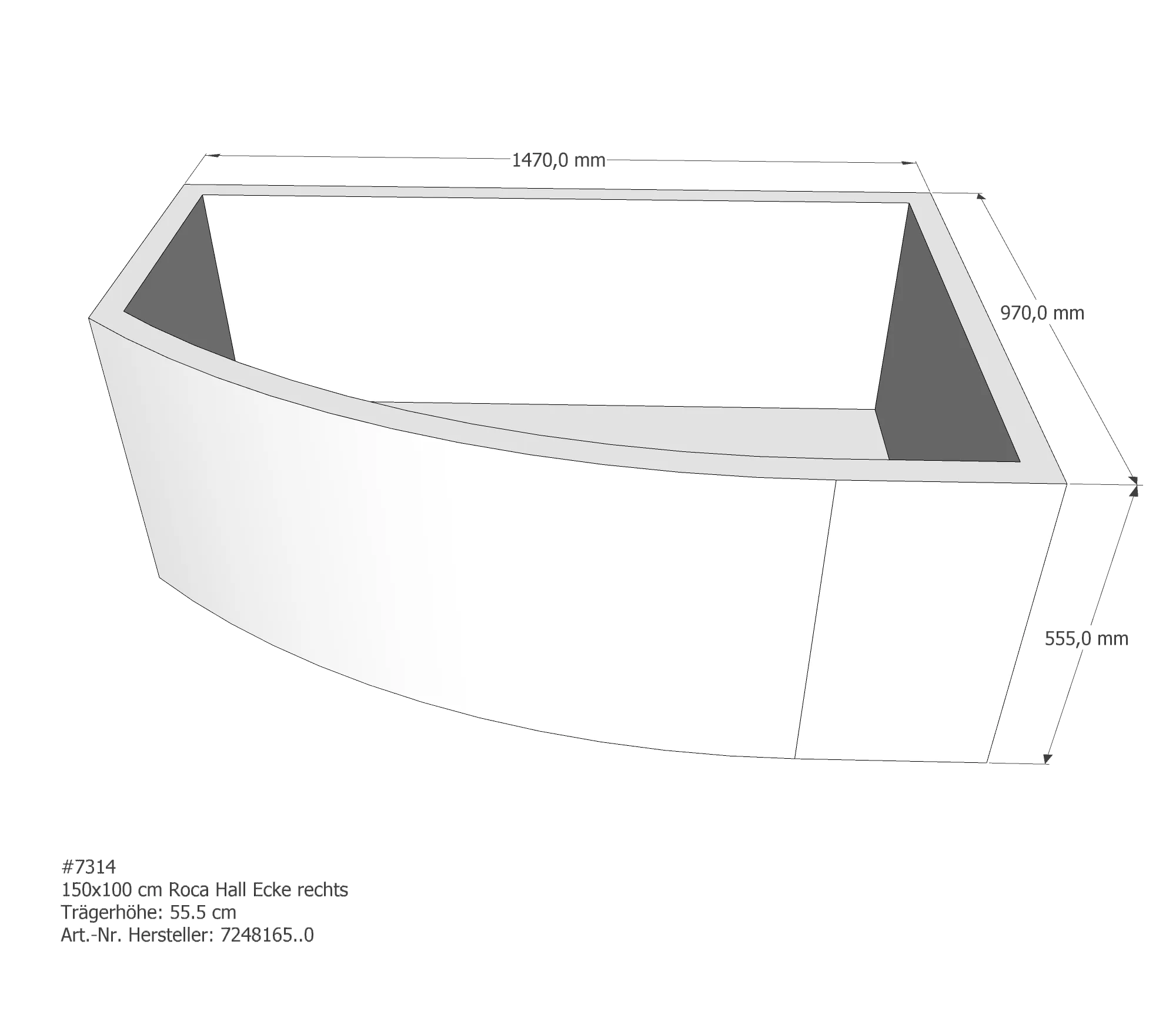 Badewannenträger für Roca Hall Ecke links links 150 × 100 × 42 cm