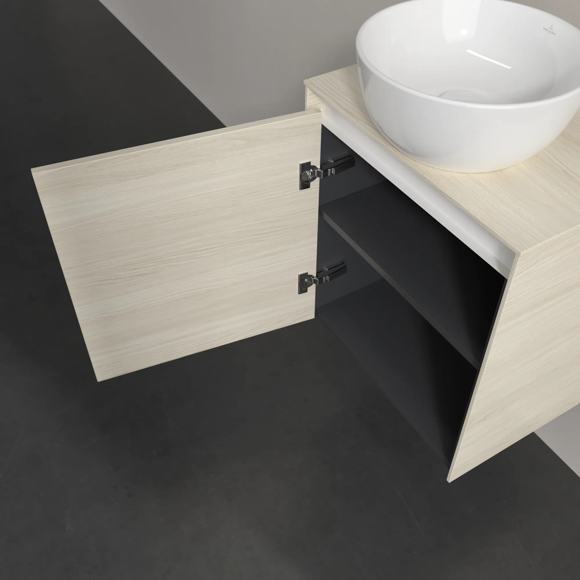 Villeroy & Boch Waschtischunterschrank „Collaro“ 500 × 548 × 380 mm White Oak, für Becken mittig, Anschlag links, mit Beleuchtung Villeroy & Boch Waschtischunterschrank „Collaro“ 500 × 548 × 380 mm White Oak, für Becken mittig, Anschlag links, mit Beleuchtung