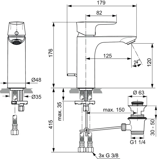 Waschtischarmatur Connect Air, Niederdruck, Grande, 5l/min, mit Ablaufgarnitur, Ausladung 125mm, Brushed Gold