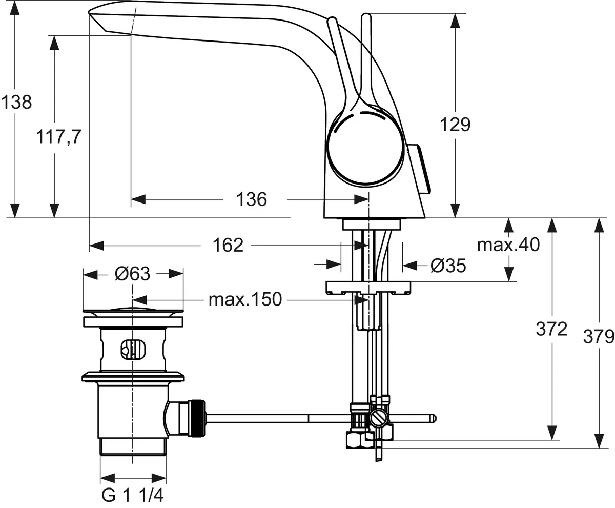 Waschtischarmatur Melange, mit Ablaufgarnitur, flex.Schläuche, Ausladung 136mm, Chrom