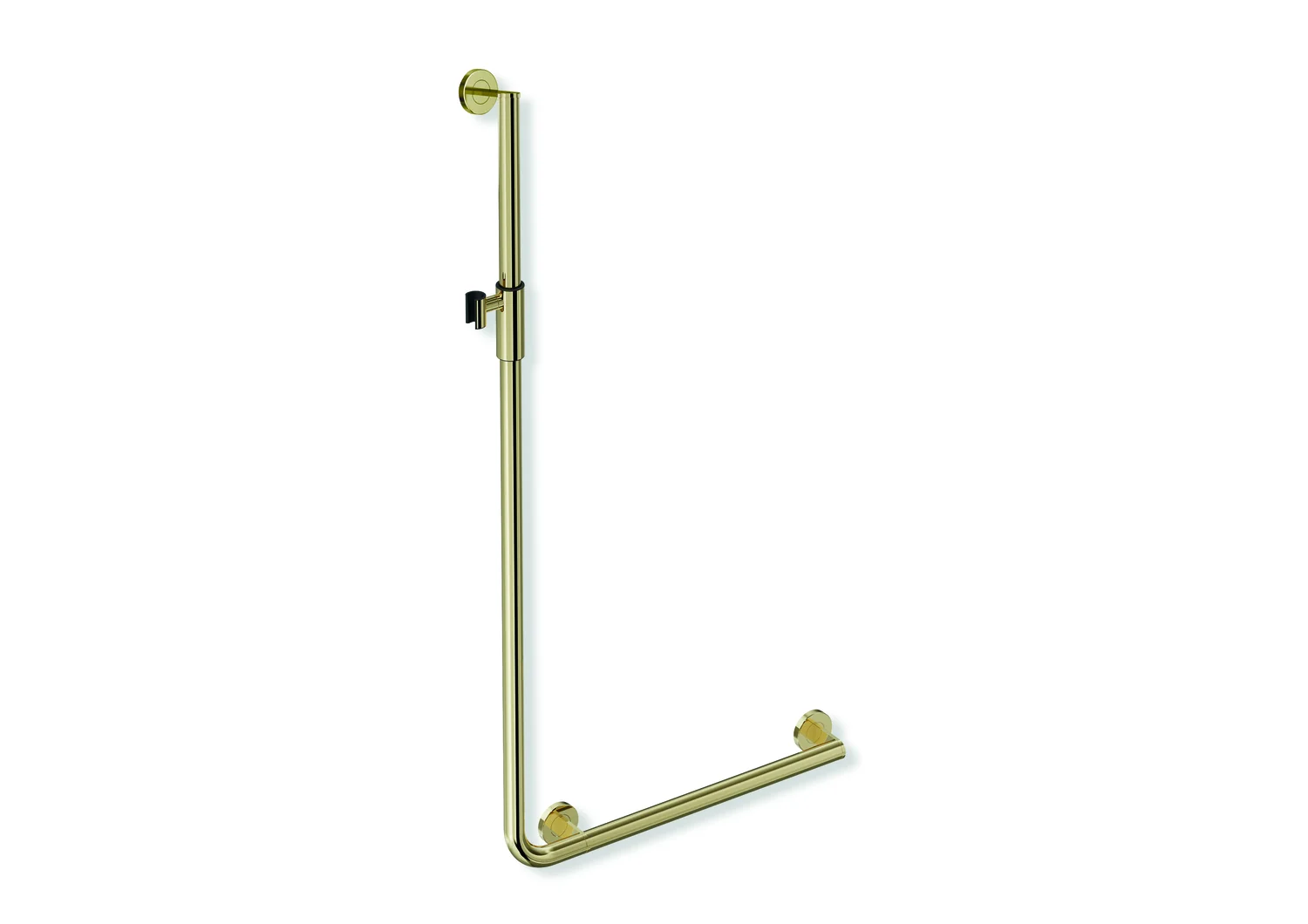 HEWI Winkelgriff mit Brausehalter, Edelstahl, PVD, waagerechte Länge 600 mm, senkrechte Länge 1250 mm, D: 32 mm, Ausführung rechts