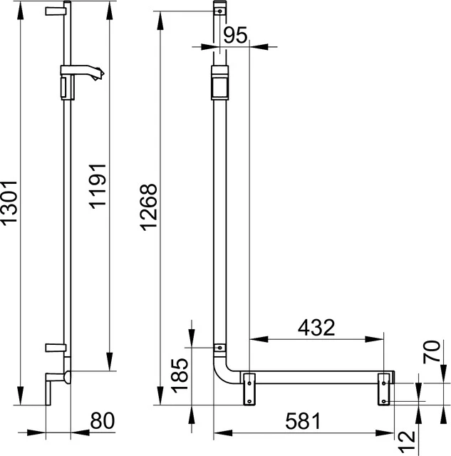 AXESS 35006171301 Winkelgriff 90 Grad rechts / mit Brauseschieber 600/1300 mm silber-eloxiert