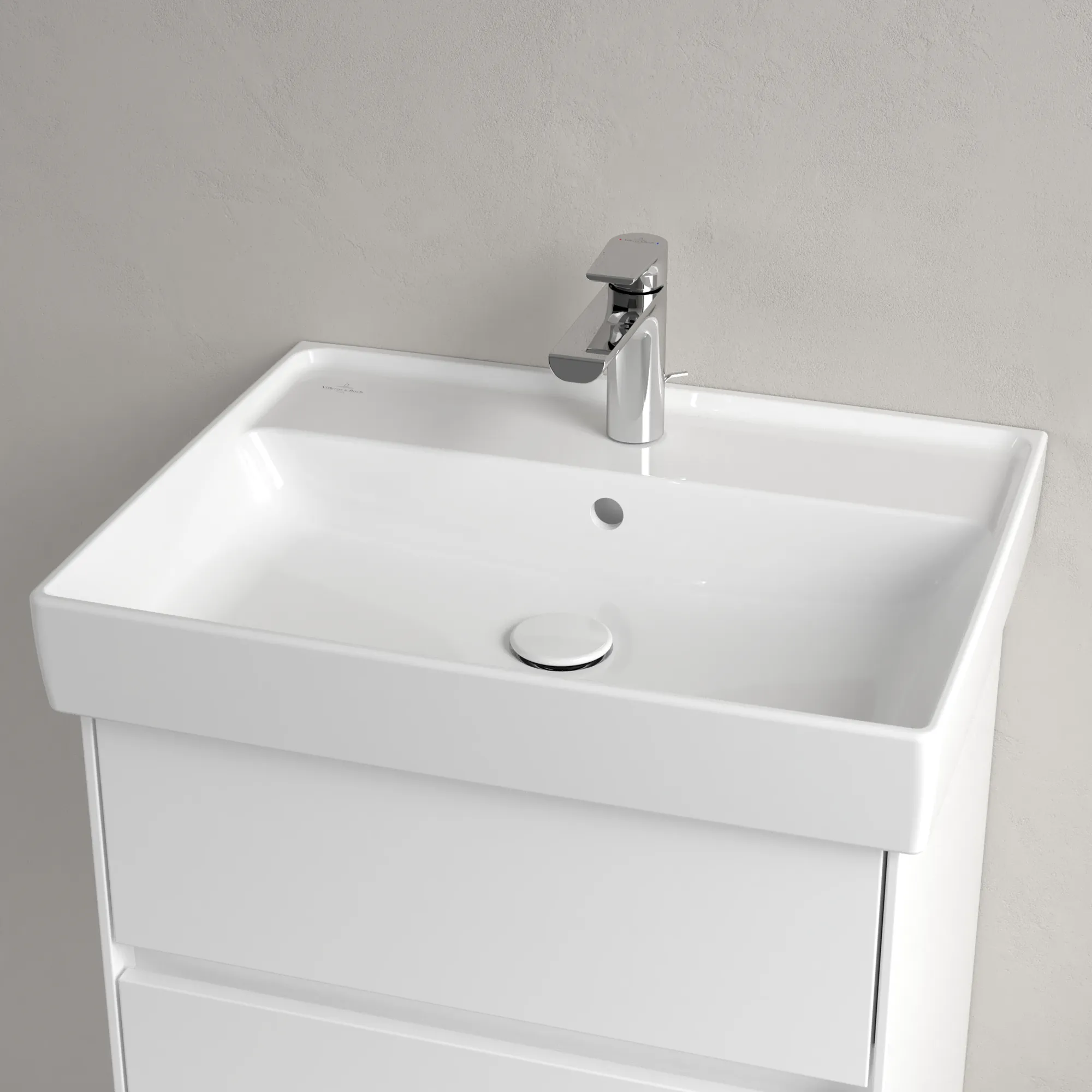 Villeroy & Boch Wandwaschtisch aus TitanCeram „Collaro“ 600 × 470 × 160 mm, mit Hahnlochbohrung, Hahnlochposition mittig in Weiß Alpin