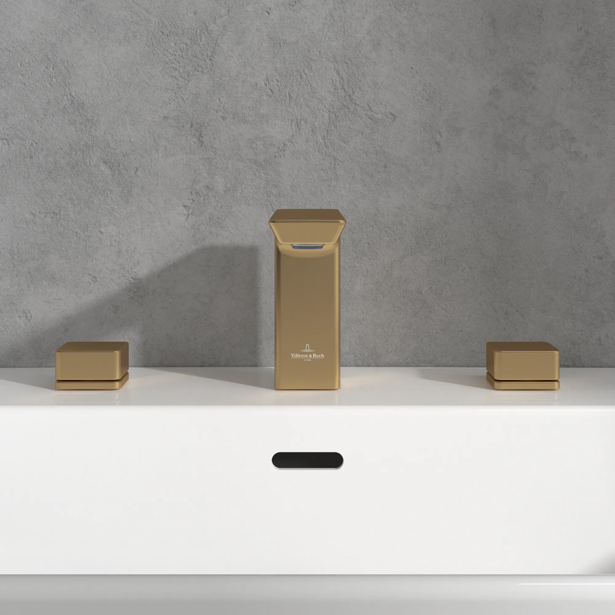 Villeroy & Boch Subway 3.0 Dreiloch-Waschtischarmatur, Brushed Gold, 122 mm Höhe, 43 mm Durchmesser, 345x178x122 mm, verstellbarer Strahlregler