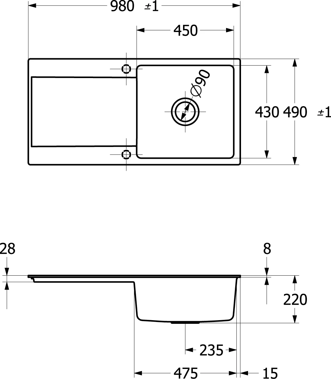 Villeroy & Boch Siluet 60 Flat Spüle 33361F, 980x490mm