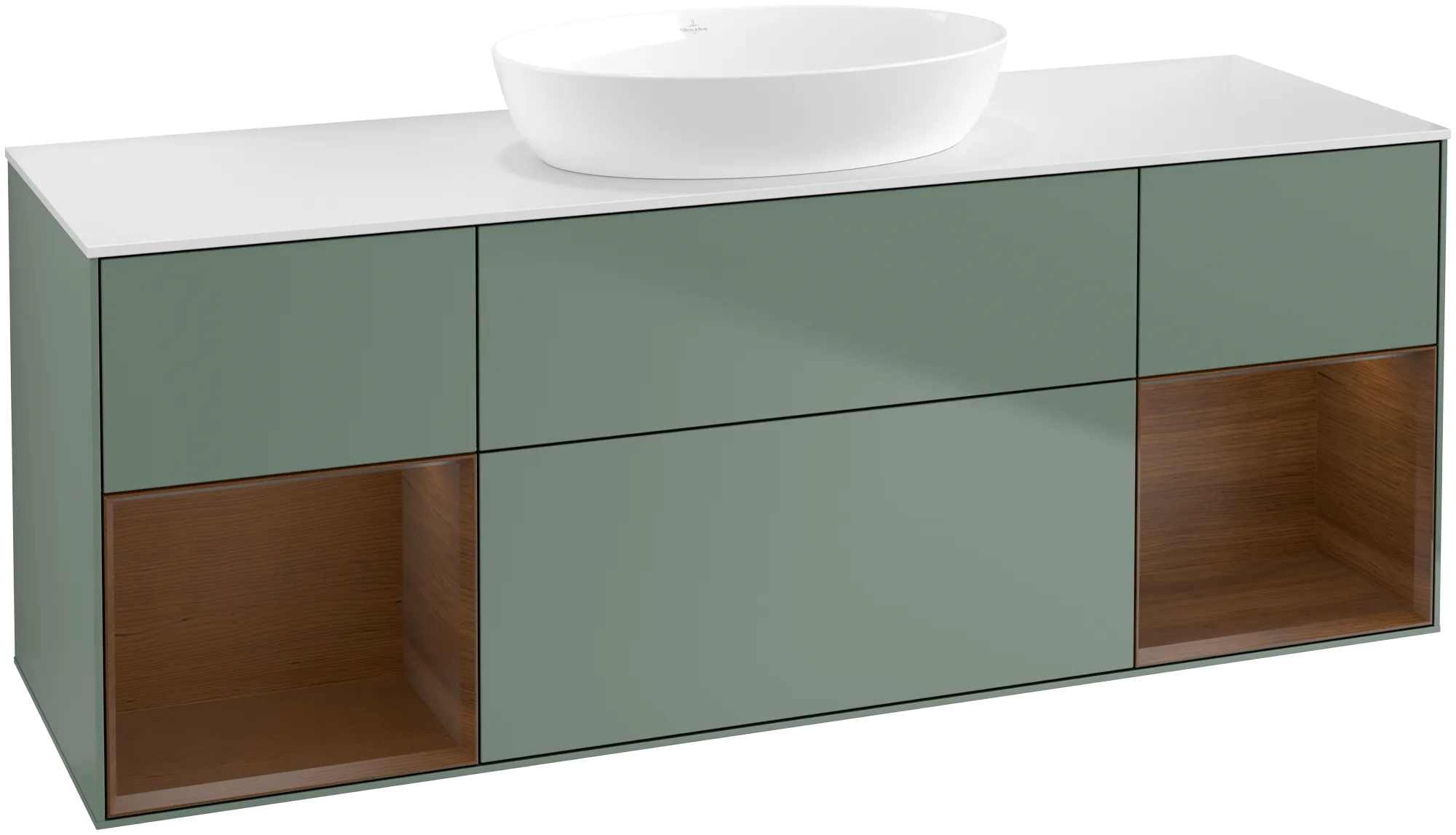 Villeroy & Boch Waschbeckenunterschrank Finion FD0, 1600x603x501mm, Olive Matt Lacquer / Walnut Veneer / Glass White Matt