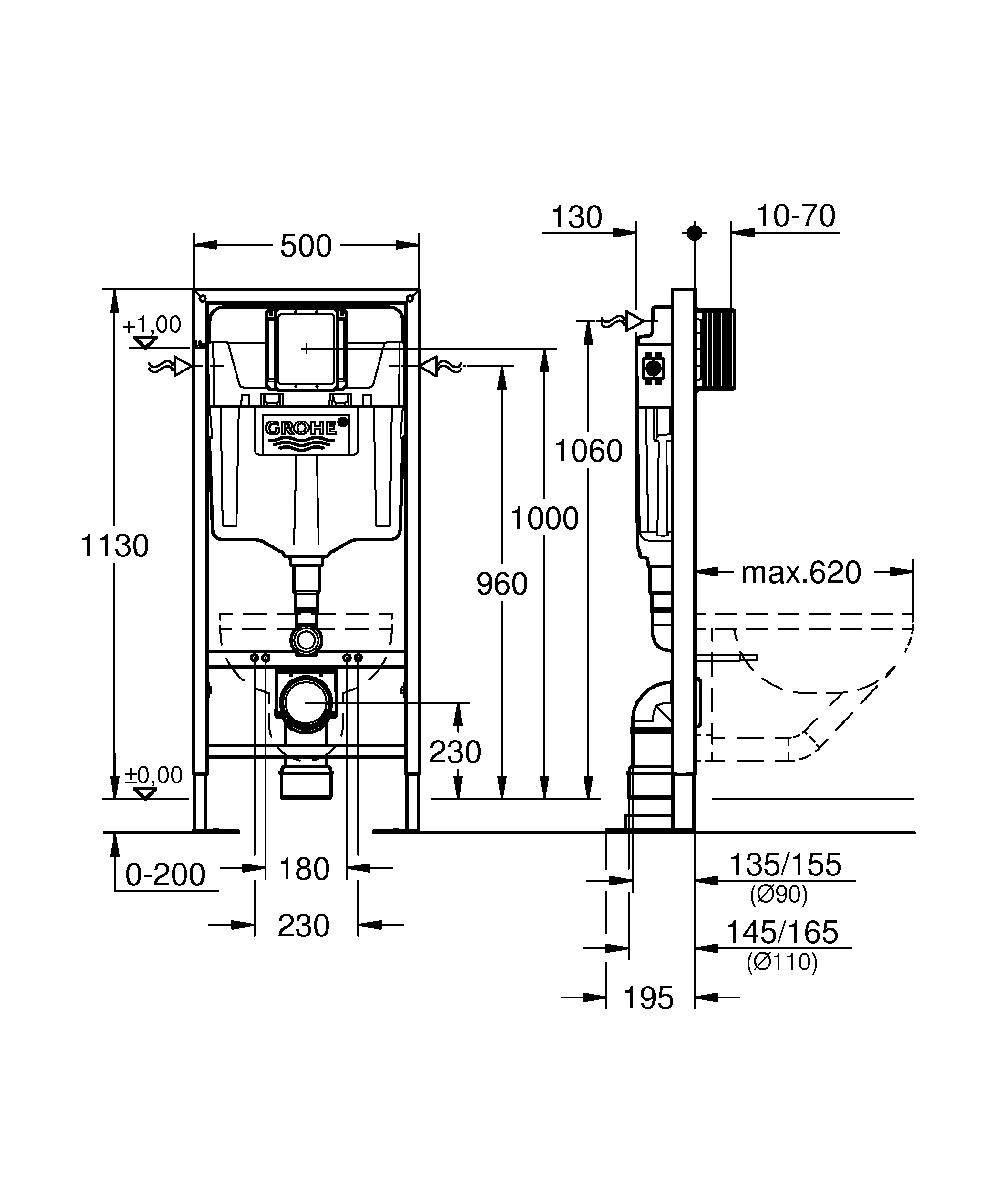 Wand-WC-Element Rapid SL 38584_1, Spülkasten GD 2, 1,13 m Bauhöhe, für freistehende, Vorwand- oder Ständerwandmontage