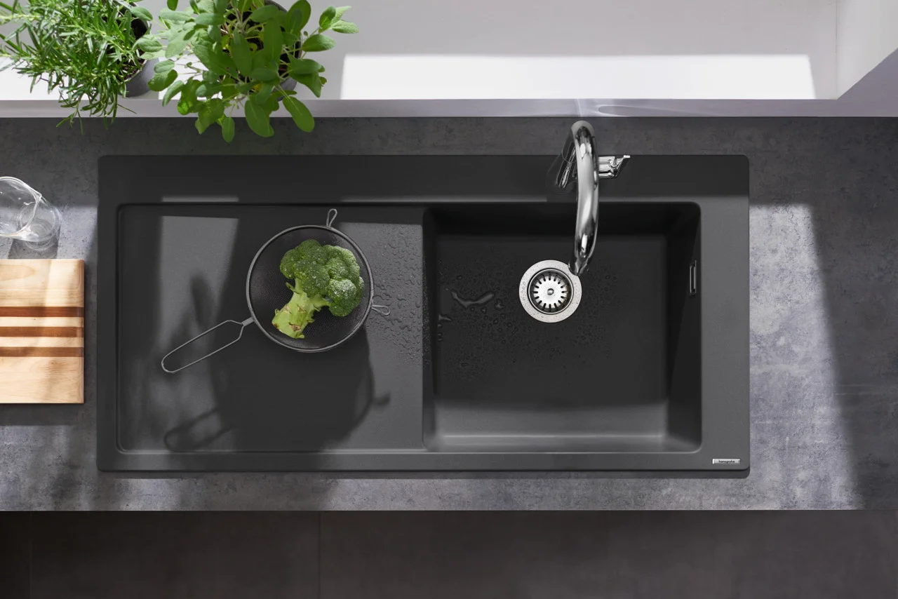 Hansgrohe Einbauspüle S51 Serie, Graphitschwarz, 1030 x 490 mm, 1 Hauptbecken mit Abtropffläche, Beckentiefe 190 mm