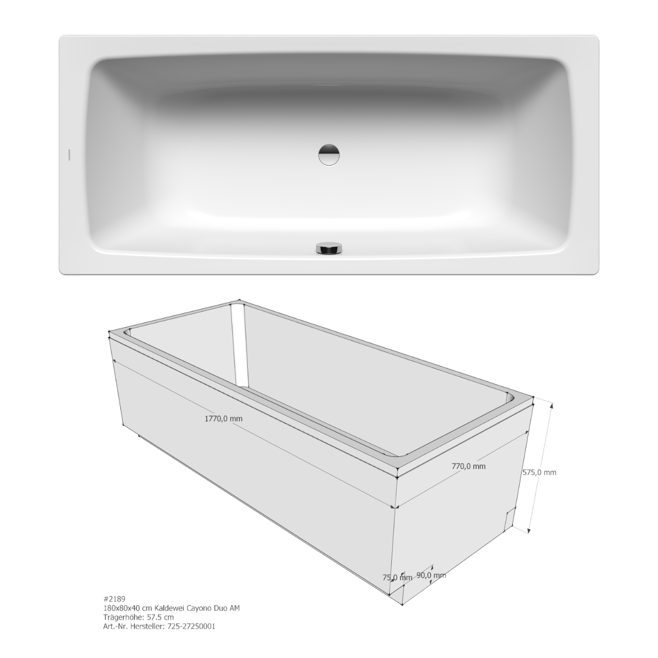 Kaldewei Badewanne „Cayono Duo“ 180 × 80 cm, ohne Grifflochbohrungen mit Wannenträger als Set