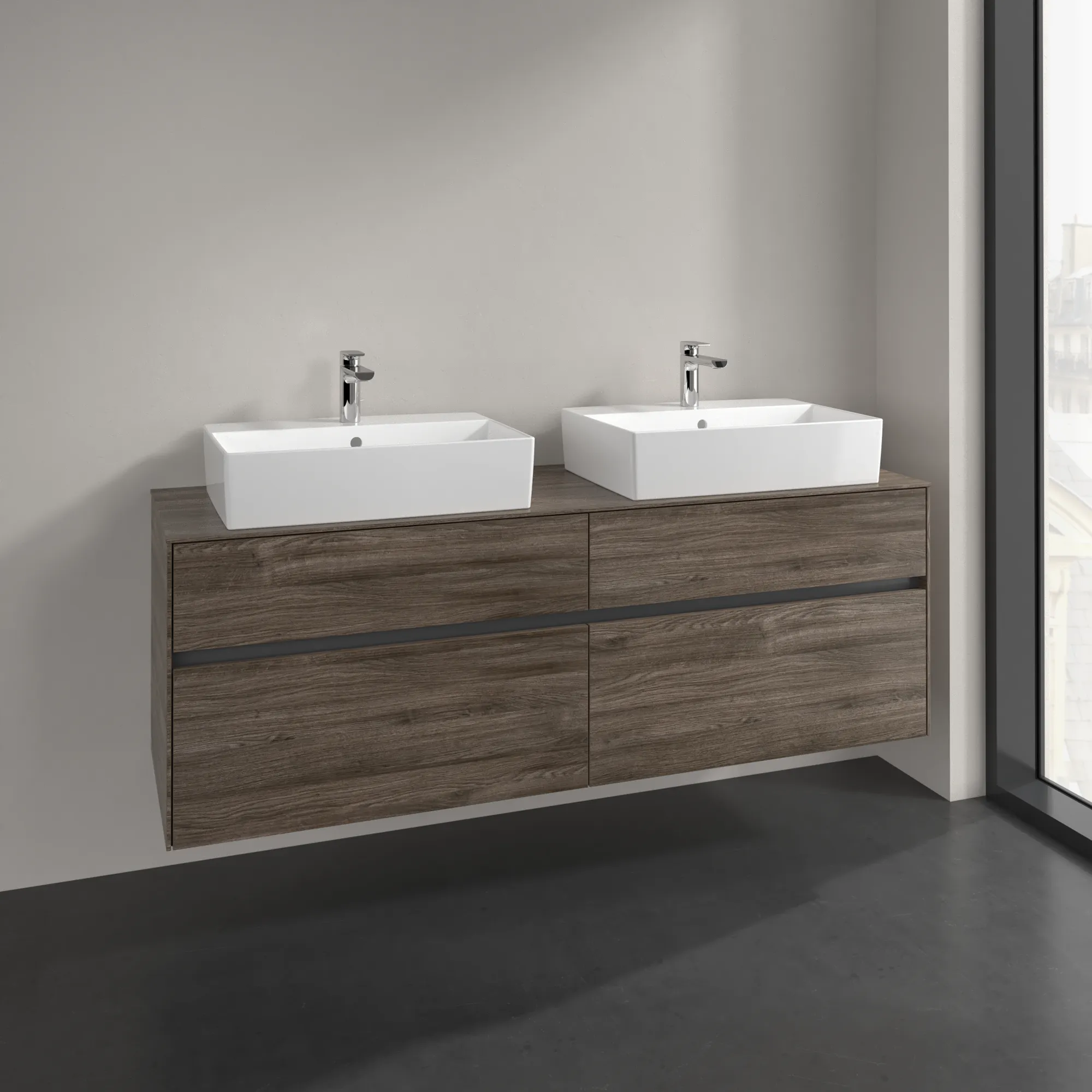 Villeroy & Boch Waschtischunterschrank „Collaro“ 1600 × 548 × 500 mm Stone Oak, ohne Beleuchtung, für links und rechts