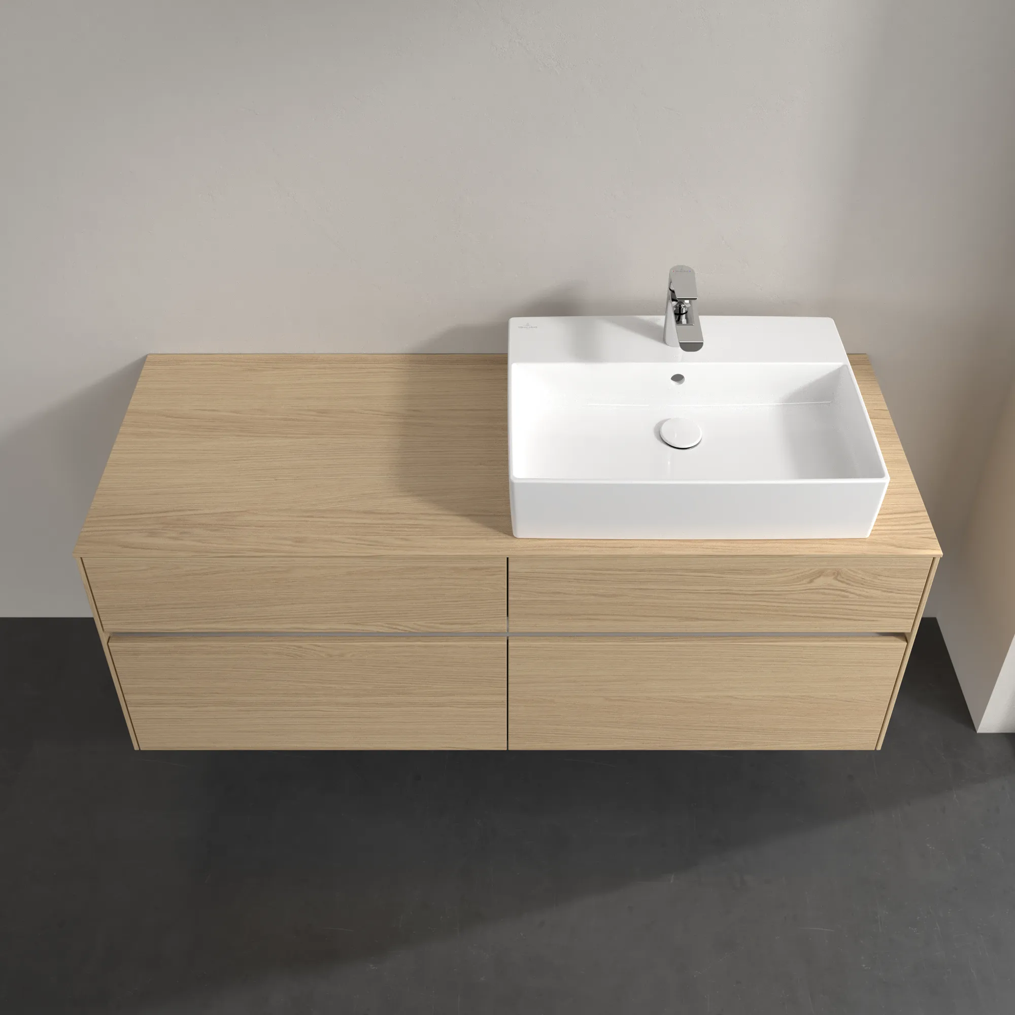 Villeroy & Boch Waschtischunterschrank „Collaro“ 1400 × 548 × 500 mm Nordic Oak, mit Beleuchtung, für Becken rechts Villeroy & Boch Waschtischunterschrank „Collaro“ 1400 × 548 × 500 mm Nordic Oak, mit Beleuchtung, für Becken rechts