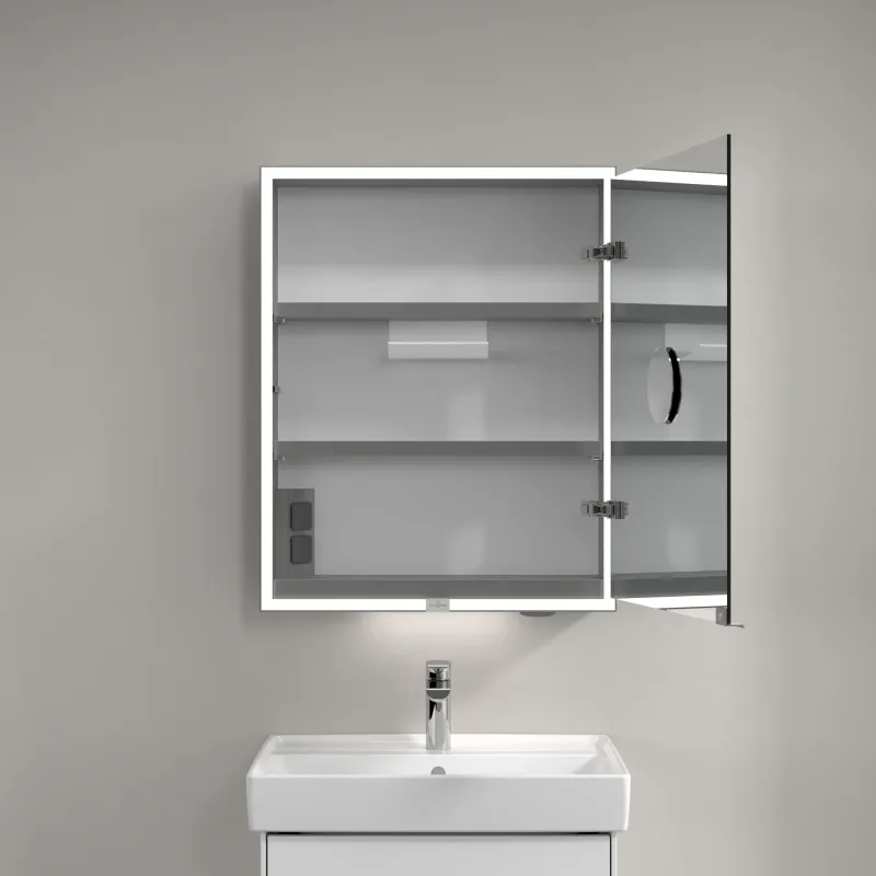 Villeroy & Boch Badmöbelset aus Waschbecken, Unterschrank, Spiegelschrank und Hochschrank in Brilliant White