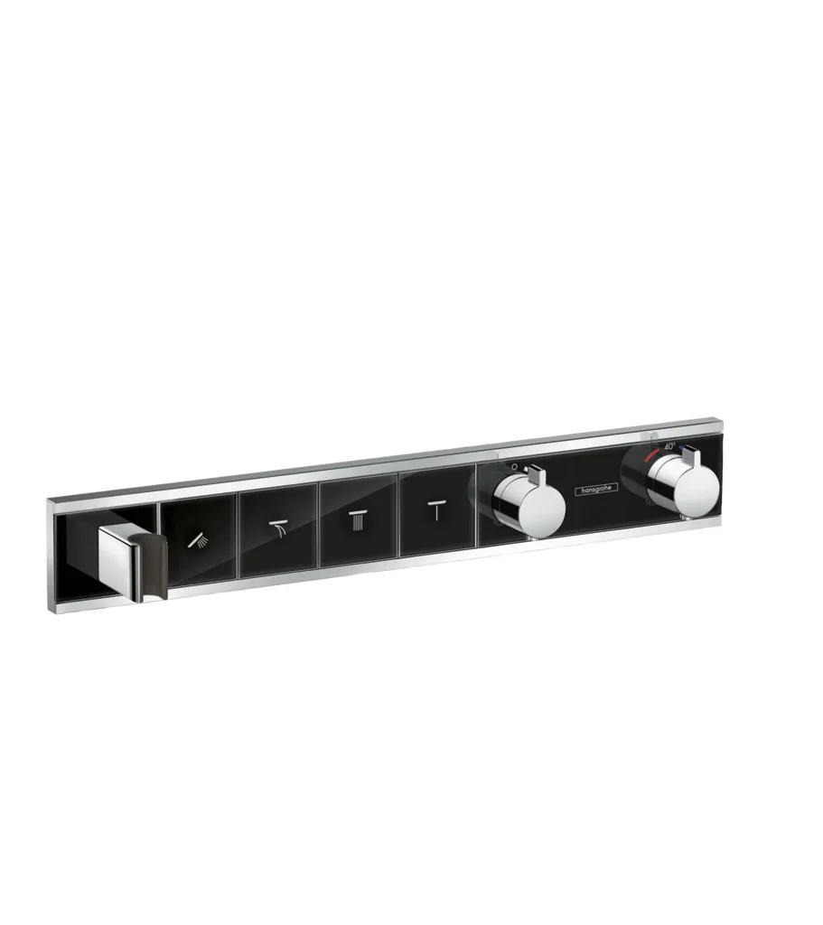 Hansgrohe RainSelect Thermostat Unterputzset, 4 Verbraucher, schwarz/chrom, mit Brausehalter und Tasten für Handbrause, Schwall, Rain groß, MonoRain