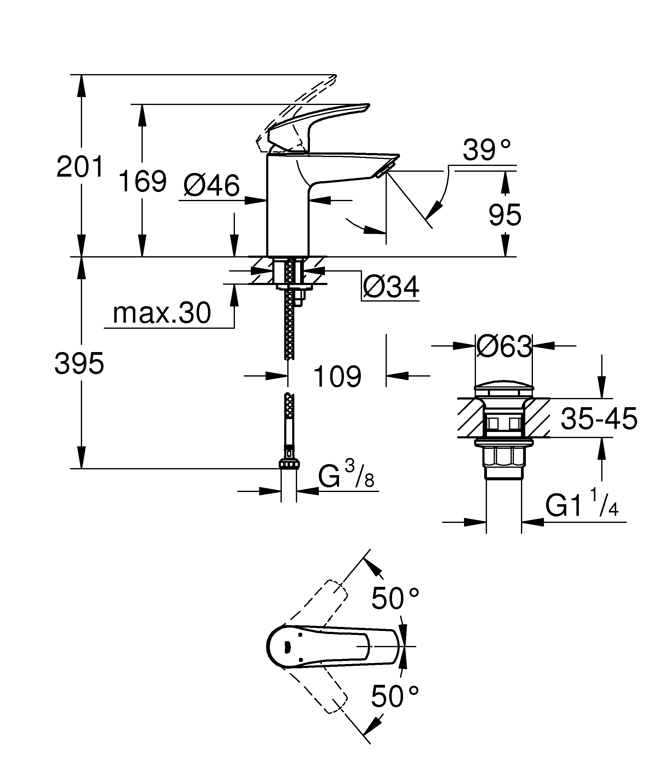 Einhand-Waschtischbatterie Eurosmart 23922_3, S-Size, Einlochmontage, Temperaturbegrenzer, glatter Körper mit Push-open Ablaufgarnitur, chrom