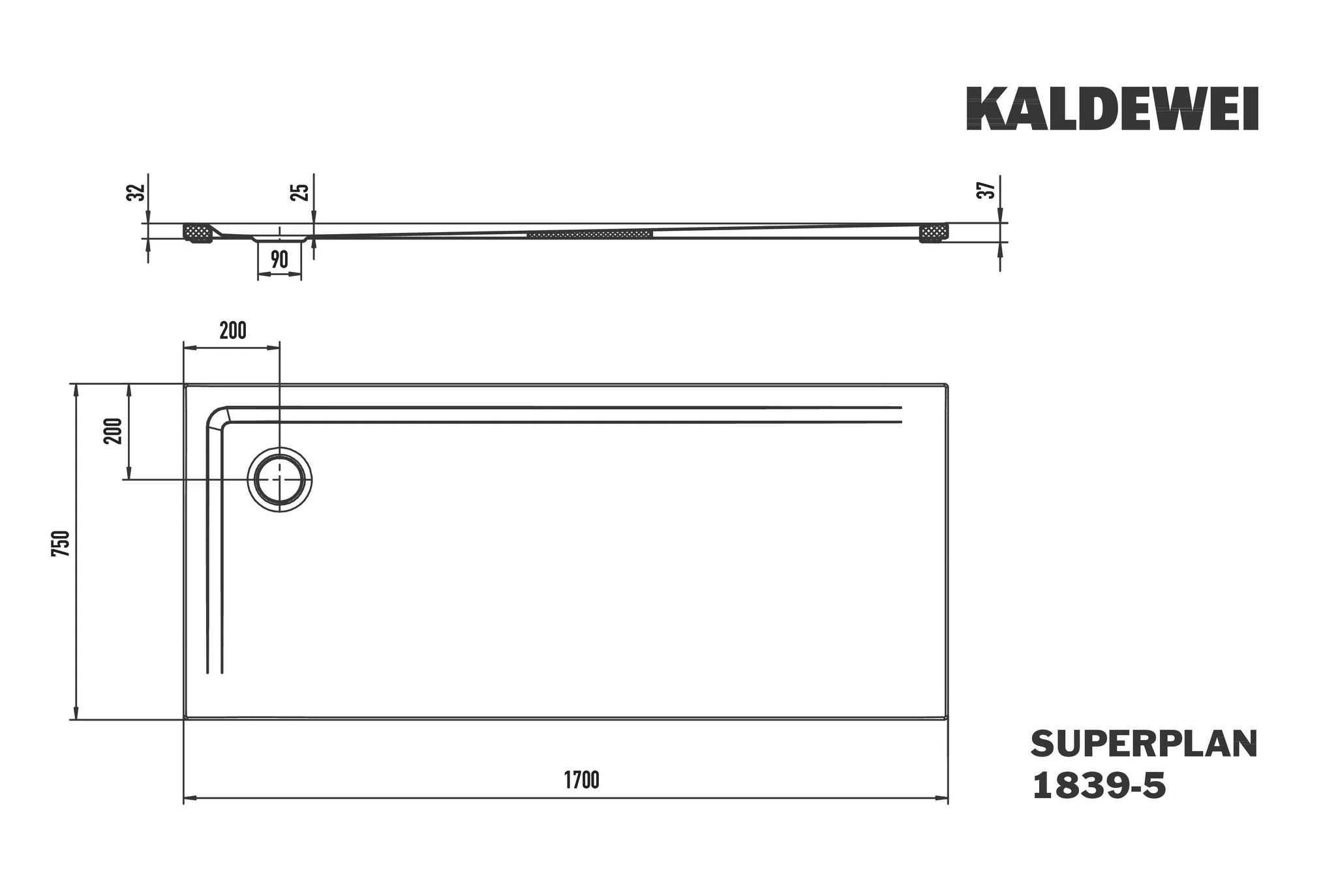 Kaldewei SUPERPLAN MIT WANNENTRÄGER EXTRAFLACH Duschfläche, 750x1700 mm, bahamabeige, Perl-Effekt, 32 mm Randhöhe, 25 mm Tiefe