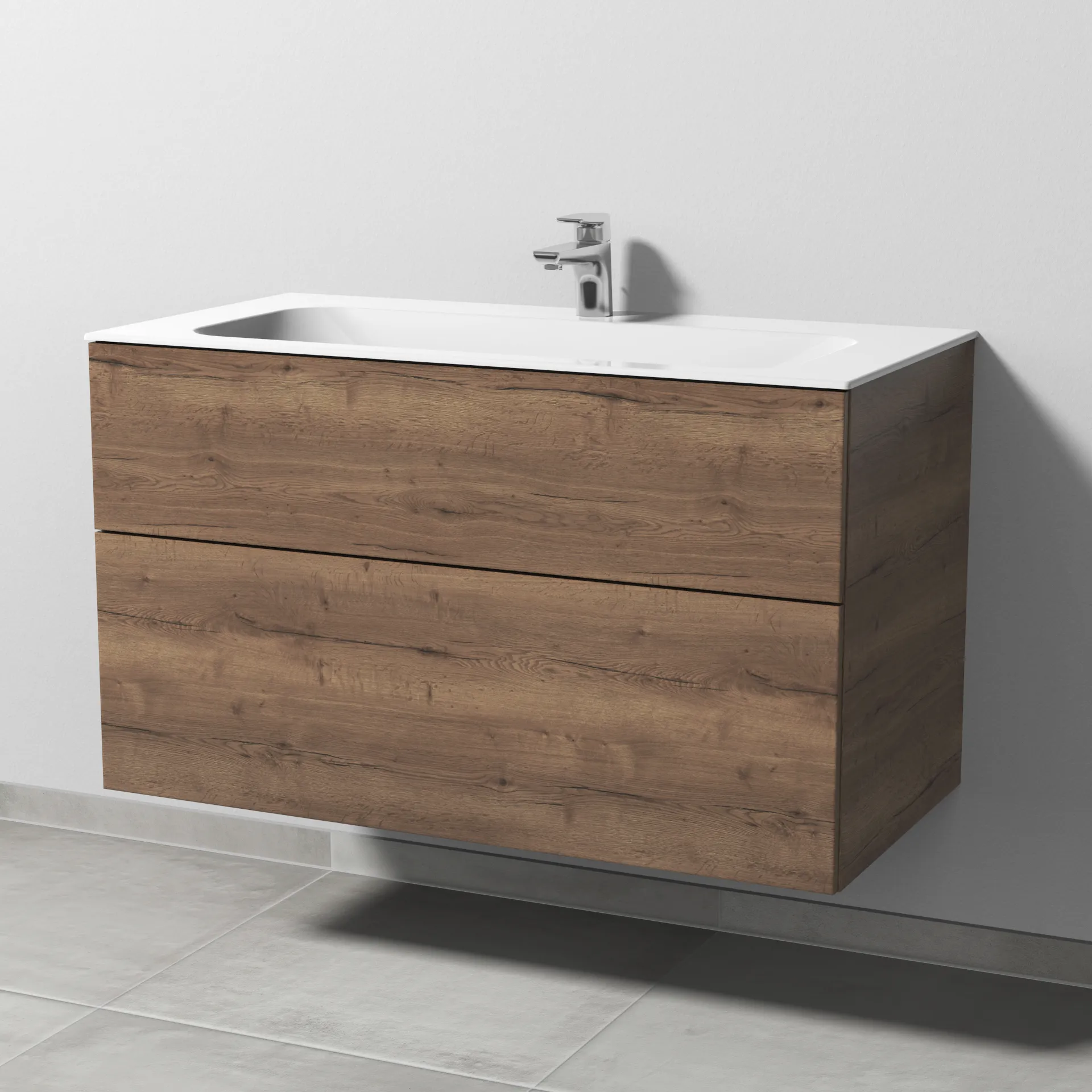 Keramik-Waschtisch-Set mit Waschtischunterschrank „3way“ 99 × 49,7 × 58,2 cm in Eiche Tabak, mit Hahnlochbohrung, Becken mittig