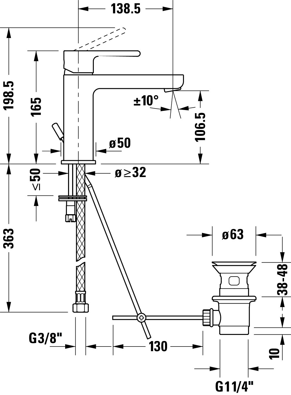 B.2 Einhebel-Waschtischmischer M Höhe 165 Ausladung 138,5 mm