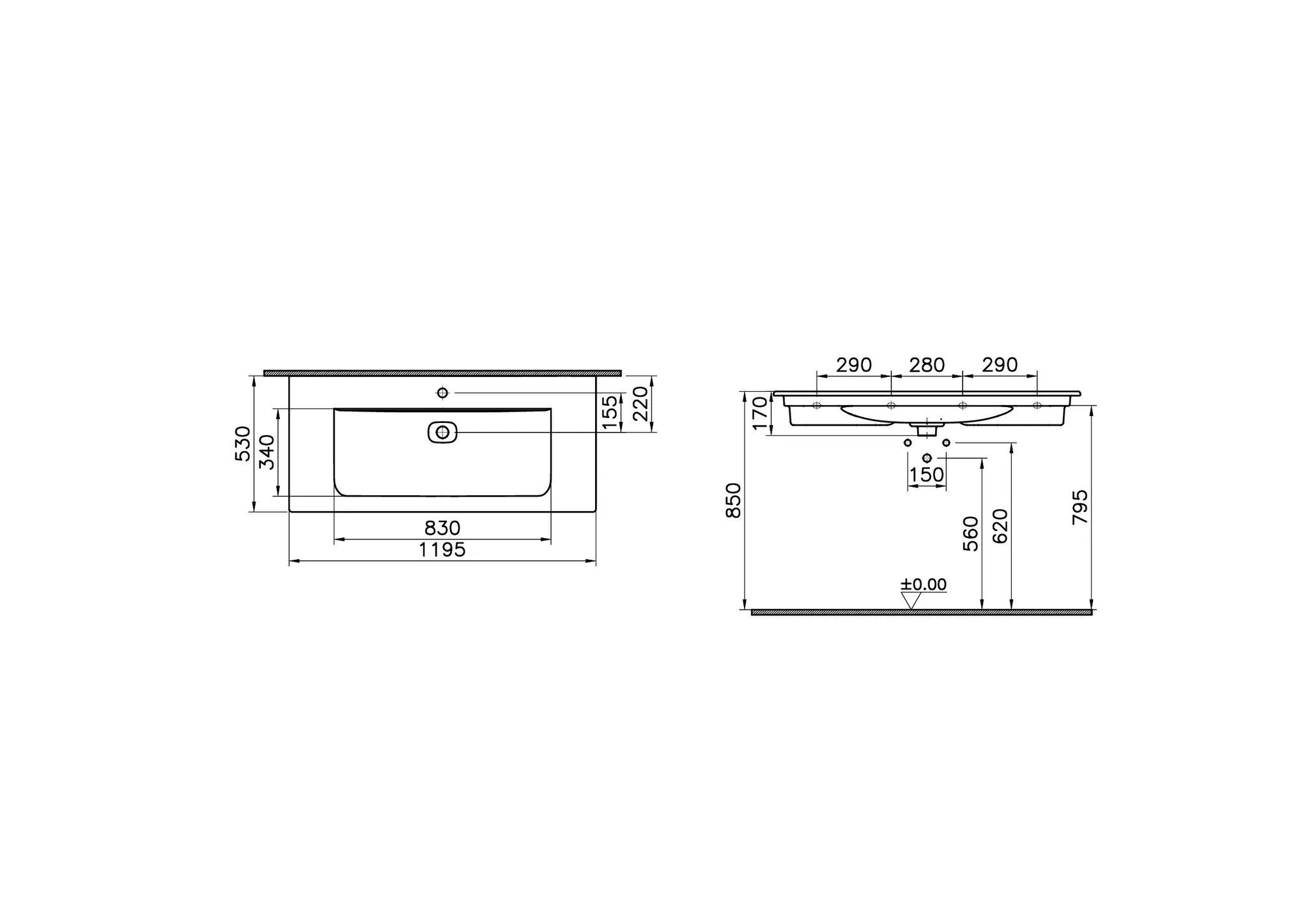 VitrA New Metropole Möbelwaschtisch wandgebunden rechteckig 120 x 53 cm mit Hahnloch und Überlaufschlitz Steingrau Matt