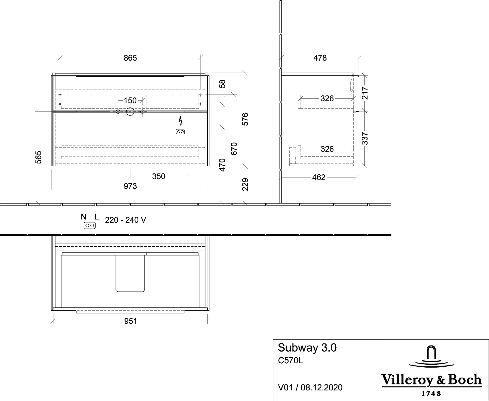 Villeroy & Boch Waschtischunterschrank „Subway 3.0“ für Schrankwaschtisch 973 × 576 × 478 mm Nordic Oak, für Becken mittig