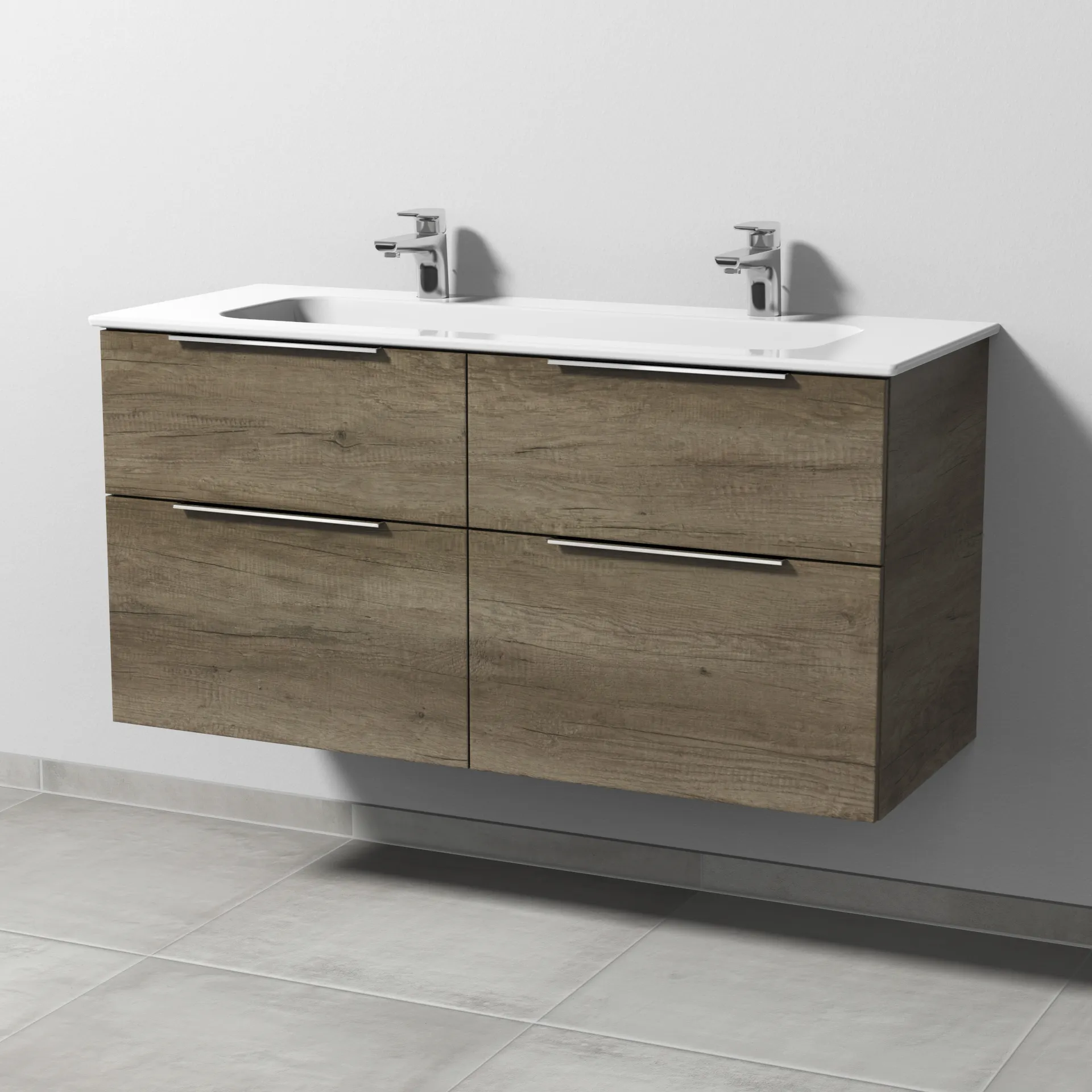 Keramik-Waschtisch-Set mit Waschtischunterschrank „3way“ 117 × 46 × 58,2 cm in Eiche Nebraska, mit Hahnlochbohrung, Becken mittig