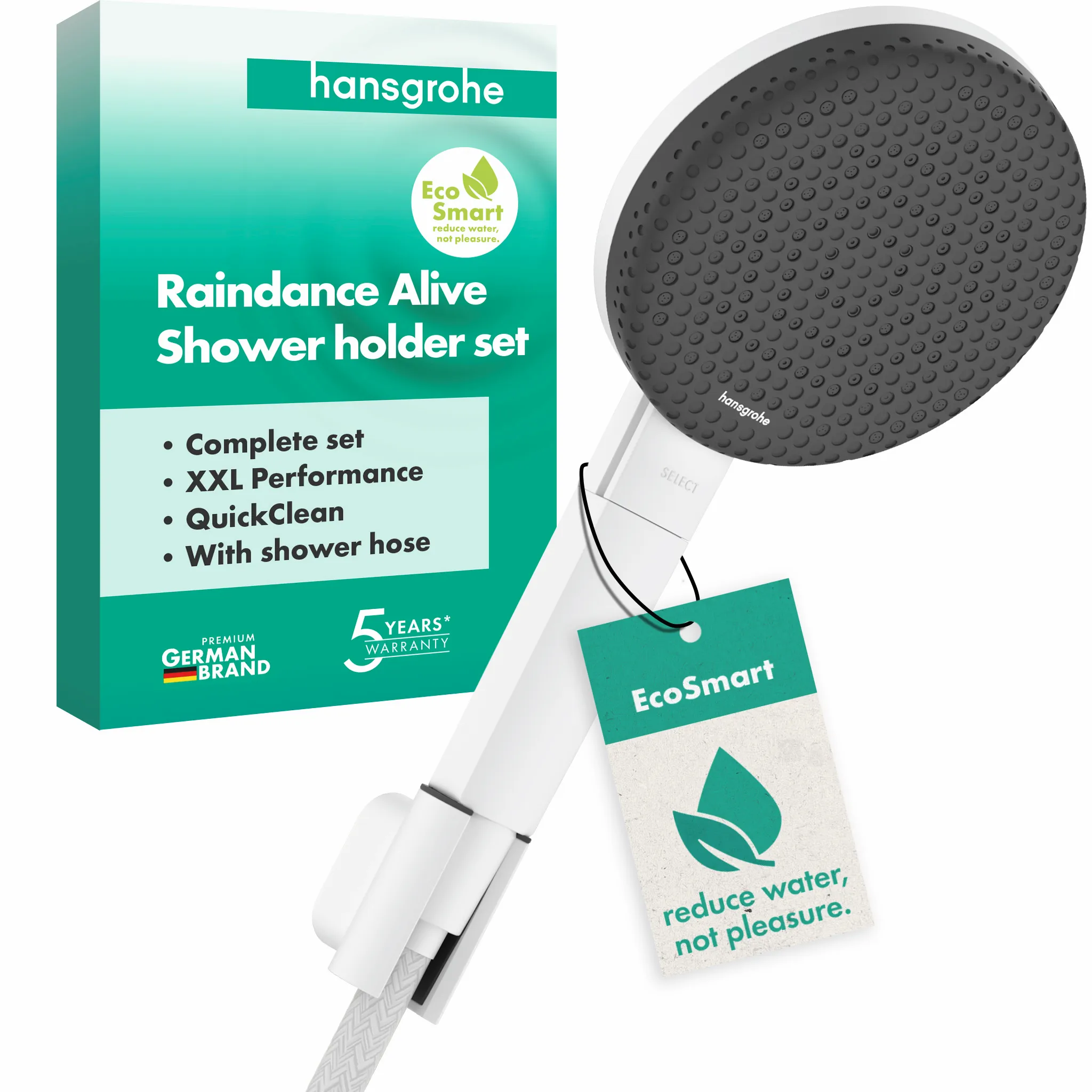 Hansgrohe Raindance Alive Select S Brausehalterset 125 3jet EcoSmart mit Textilbrauseschlauch 160 cm, Mattweiß Hansgrohe Raindance Alive Select S Brausehalterset 125 3jet EcoSmart mit Textilbrauseschlauch 160 cm, Mattweiß