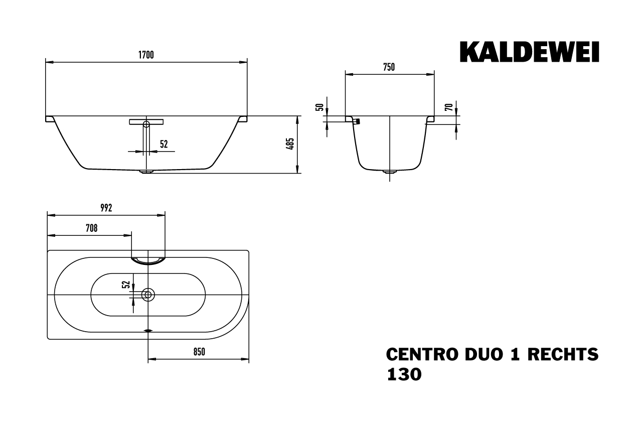 Kaldewei eck, asymmetrisch rechteck Badewanne „Centro Duo 1“ 170 × 75 cm in alpinweiß, / 