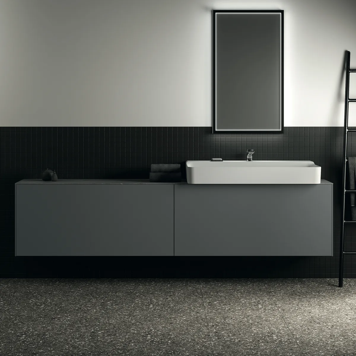 Waschtischplatte Conca, aus Keramik, 2387x373x6mm, Marmor Noir Desir